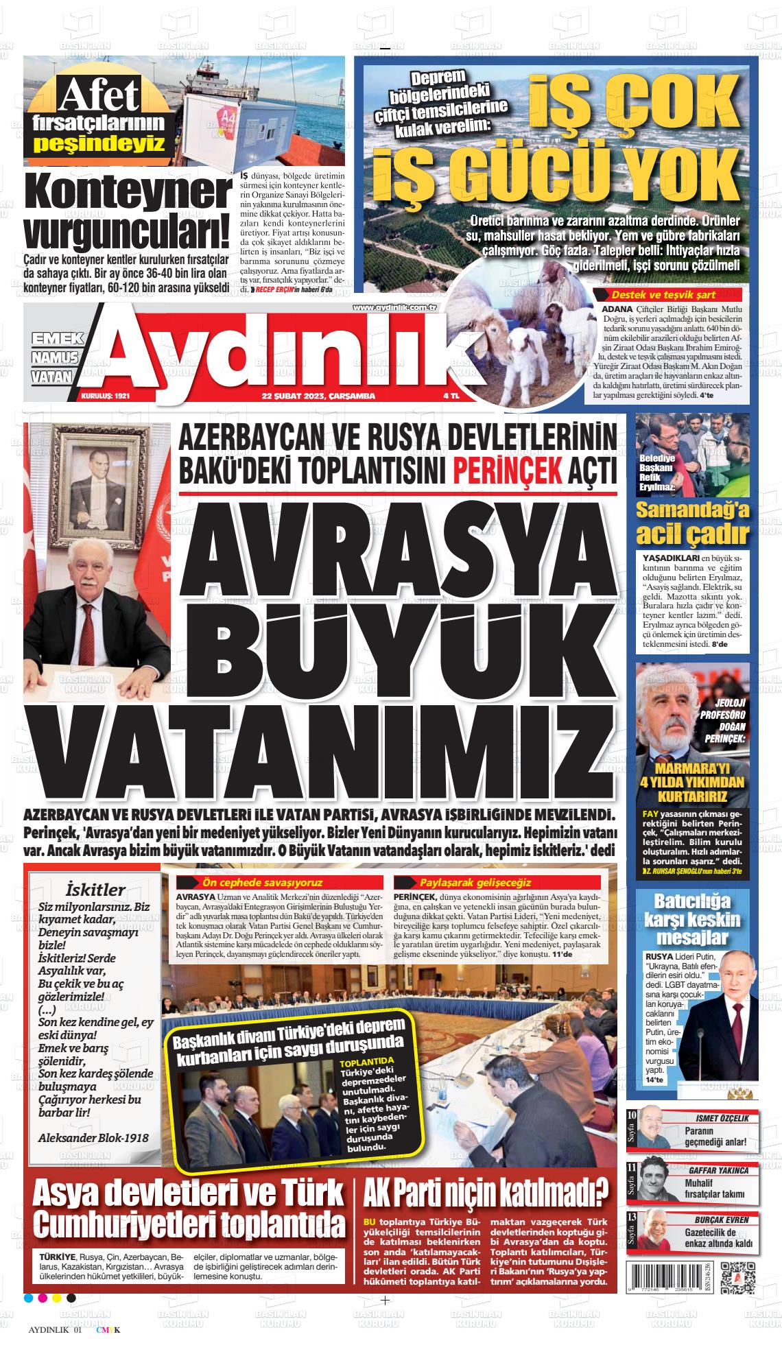 22 Şubat 2023 Aydınlık Gazete Manşeti