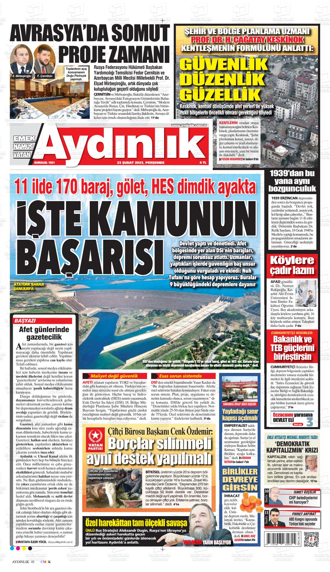 23 Şubat 2023 Aydınlık Gazete Manşeti