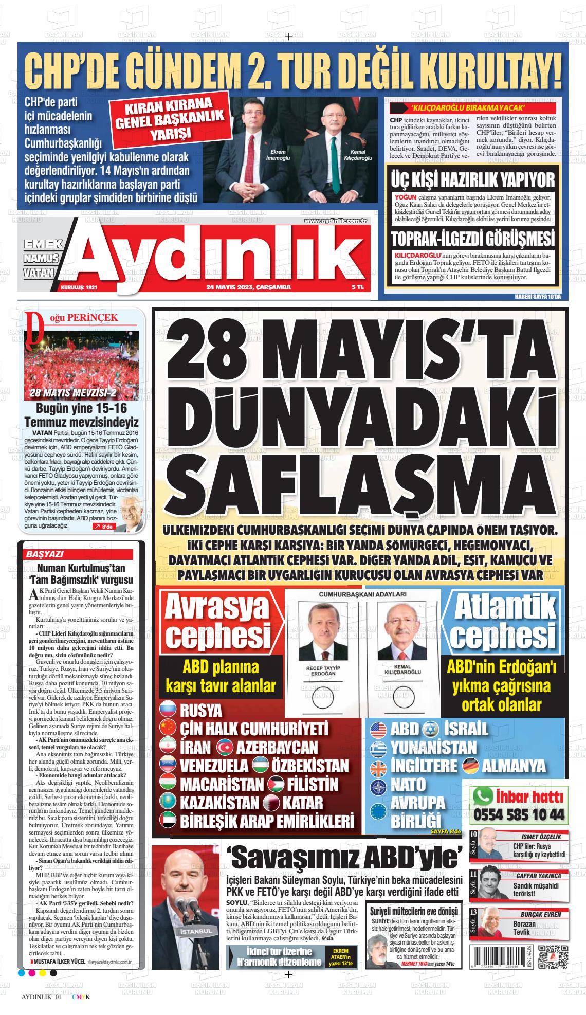 24 Mayıs 2023 Aydınlık Gazete Manşeti