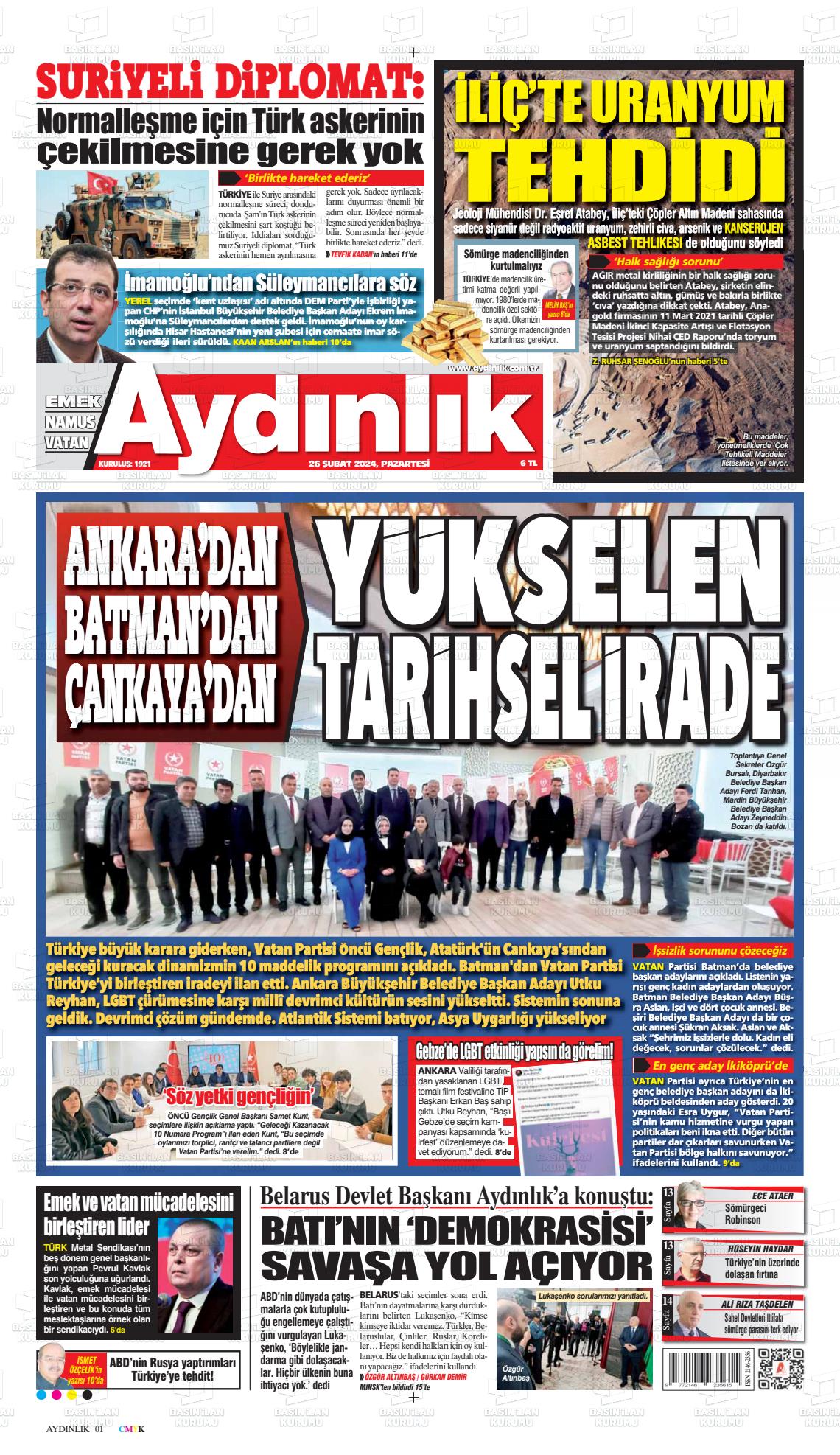 26 Şubat 2024 Aydınlık Gazete Manşeti