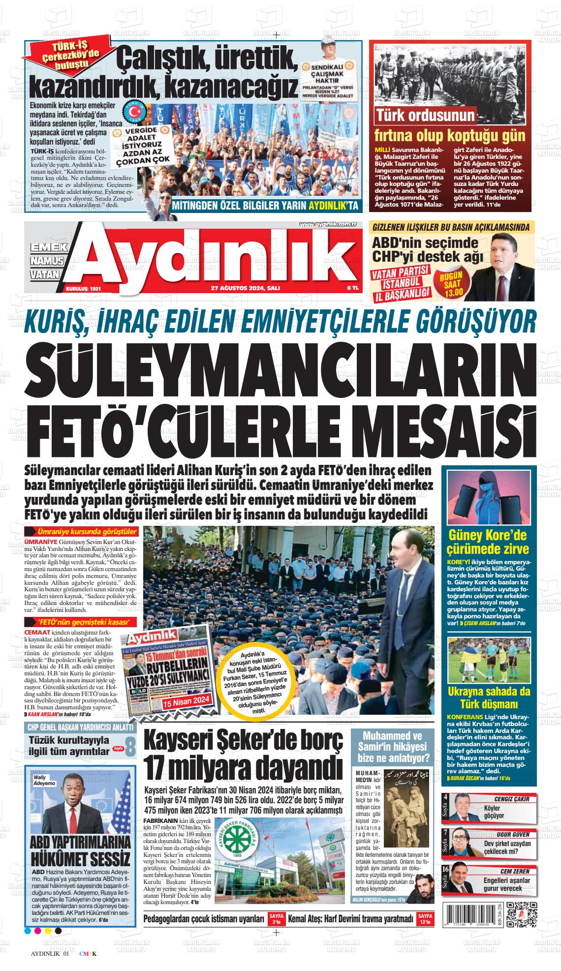 27 Ağustos 2024 Aydınlık Gazete Manşeti