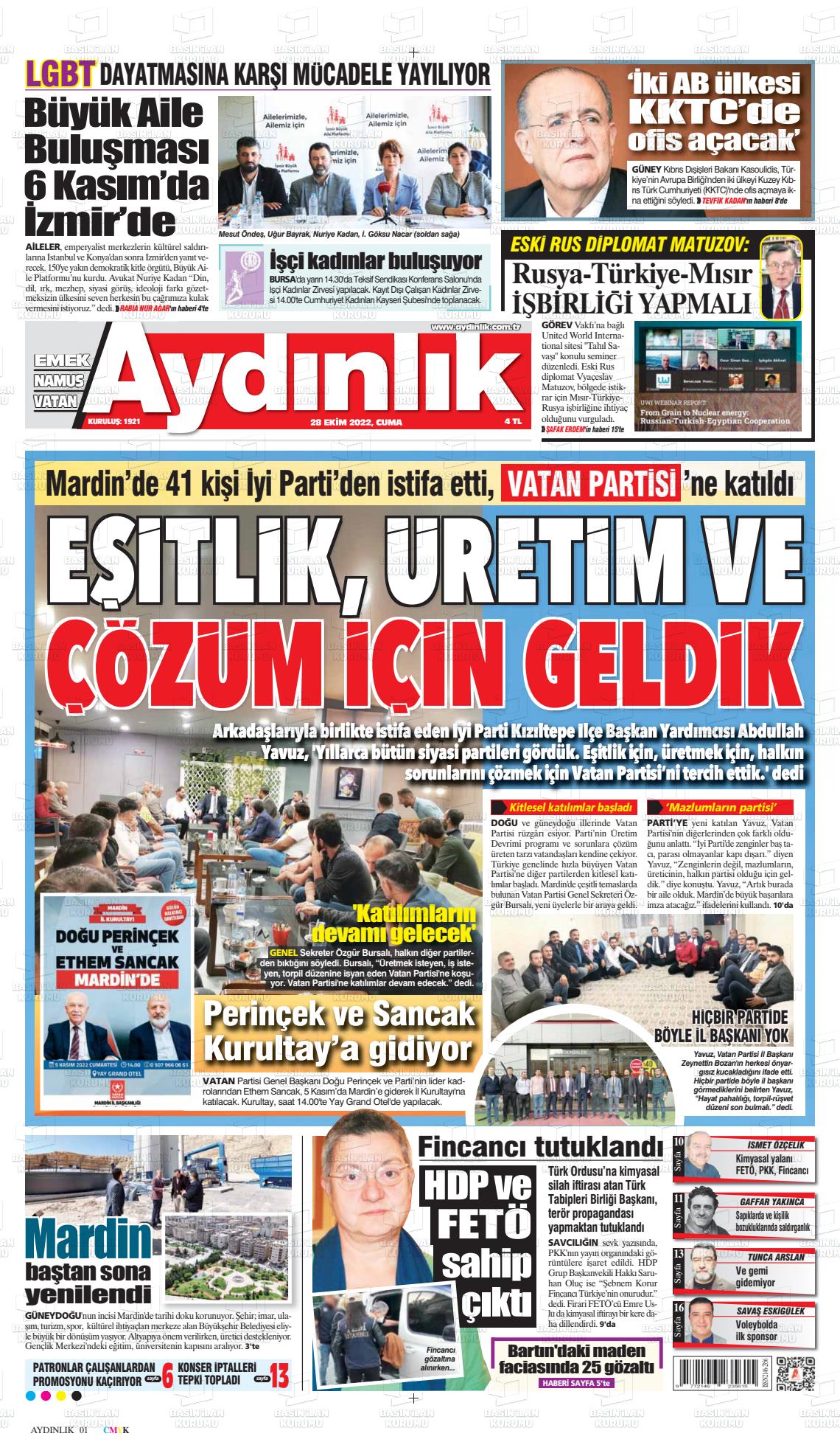 28 Ekim 2022 Aydınlık Gazete Manşeti