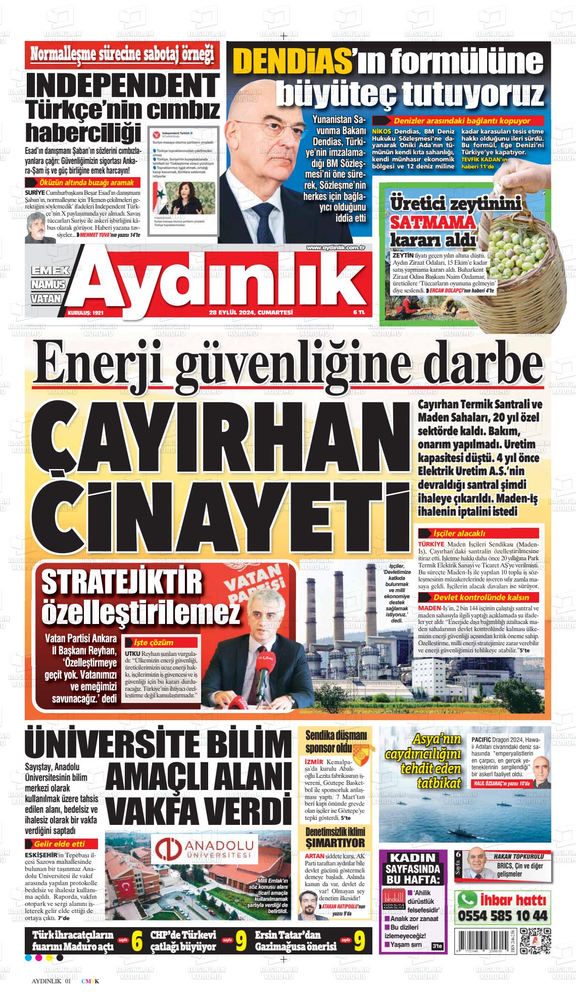 28 Eylül 2024 Aydınlık Gazete Manşeti