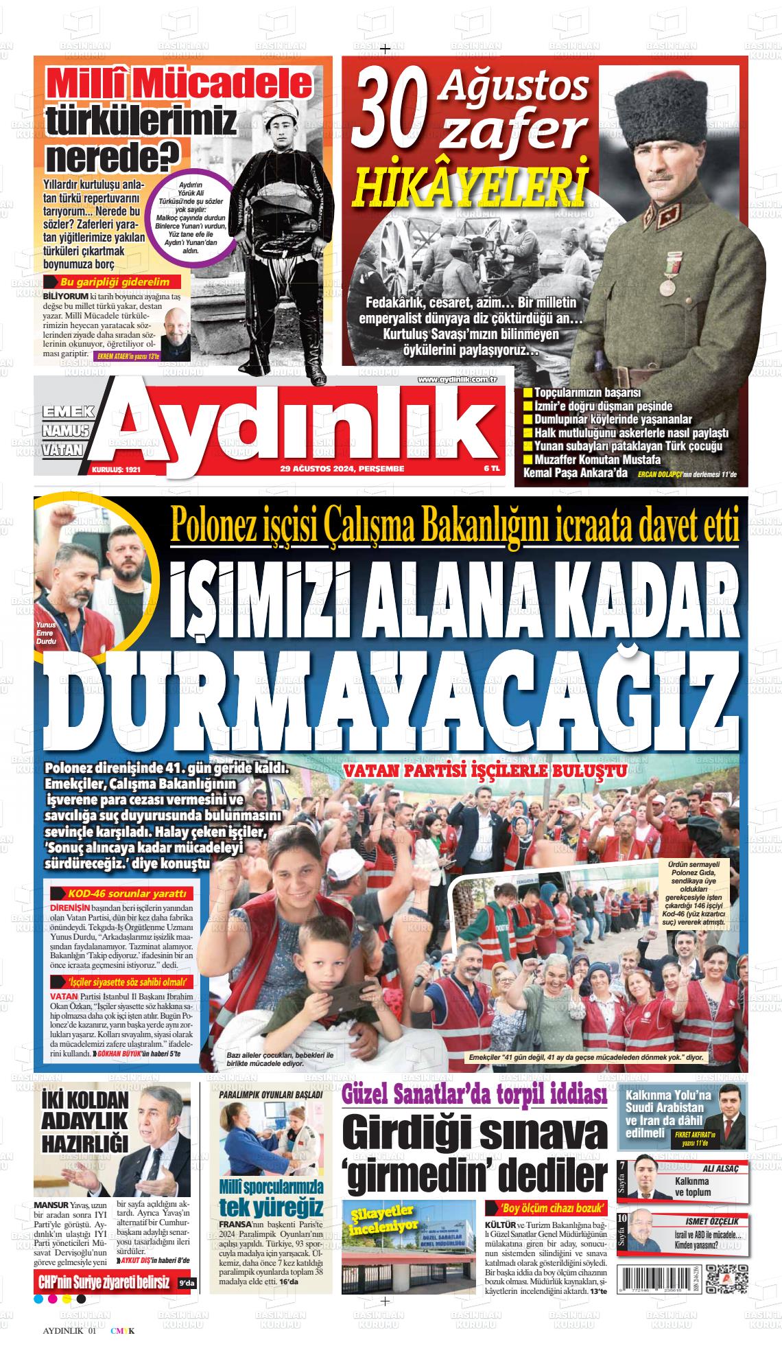 29 Ağustos 2024 Aydınlık Gazete Manşeti