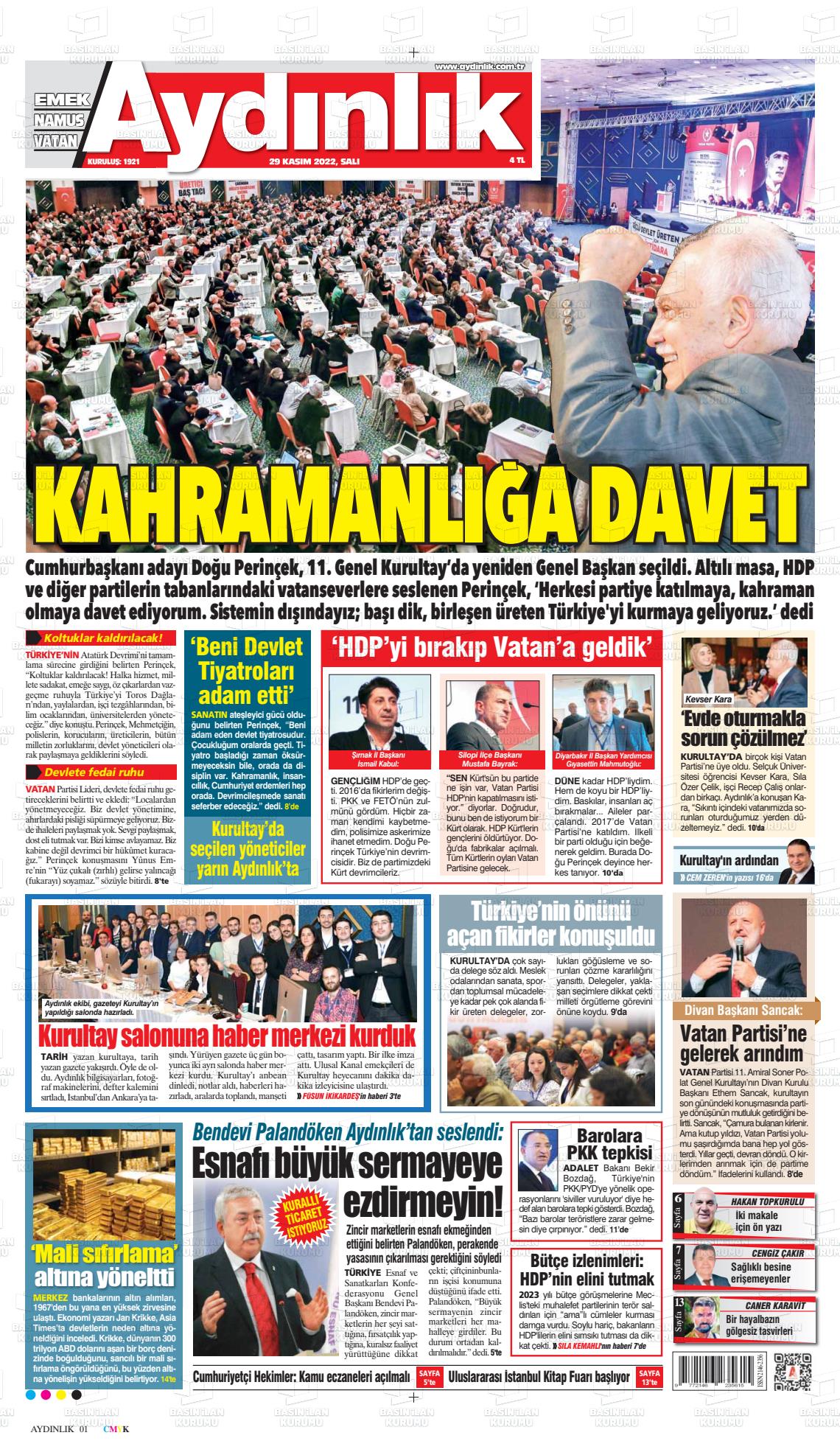 29 Kasım 2022 Aydınlık Gazete Manşeti