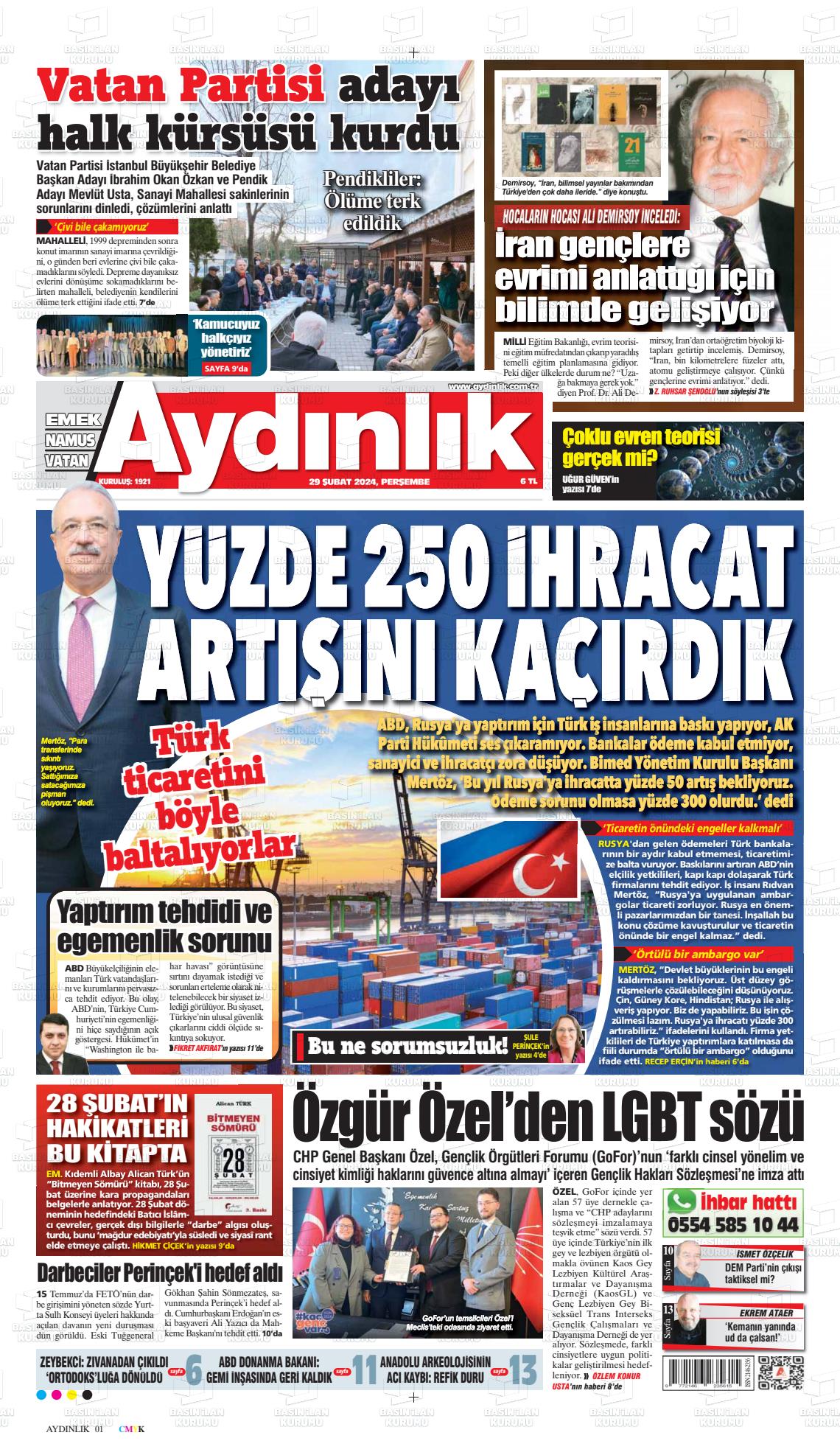 29 Şubat 2024 Aydınlık Gazete Manşeti