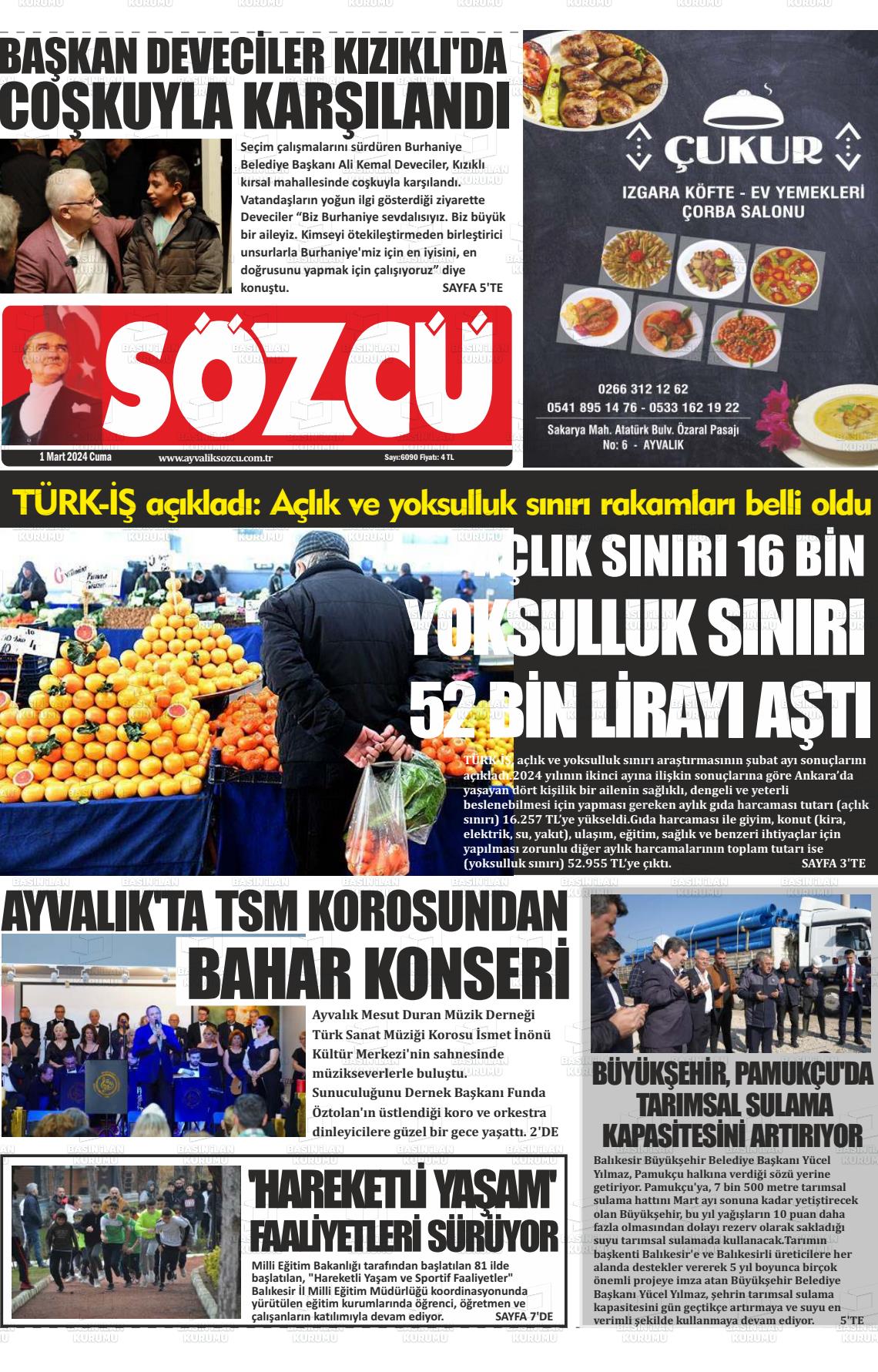 01 Mart 2024 Ayvalık Sözcü Gazete Manşeti