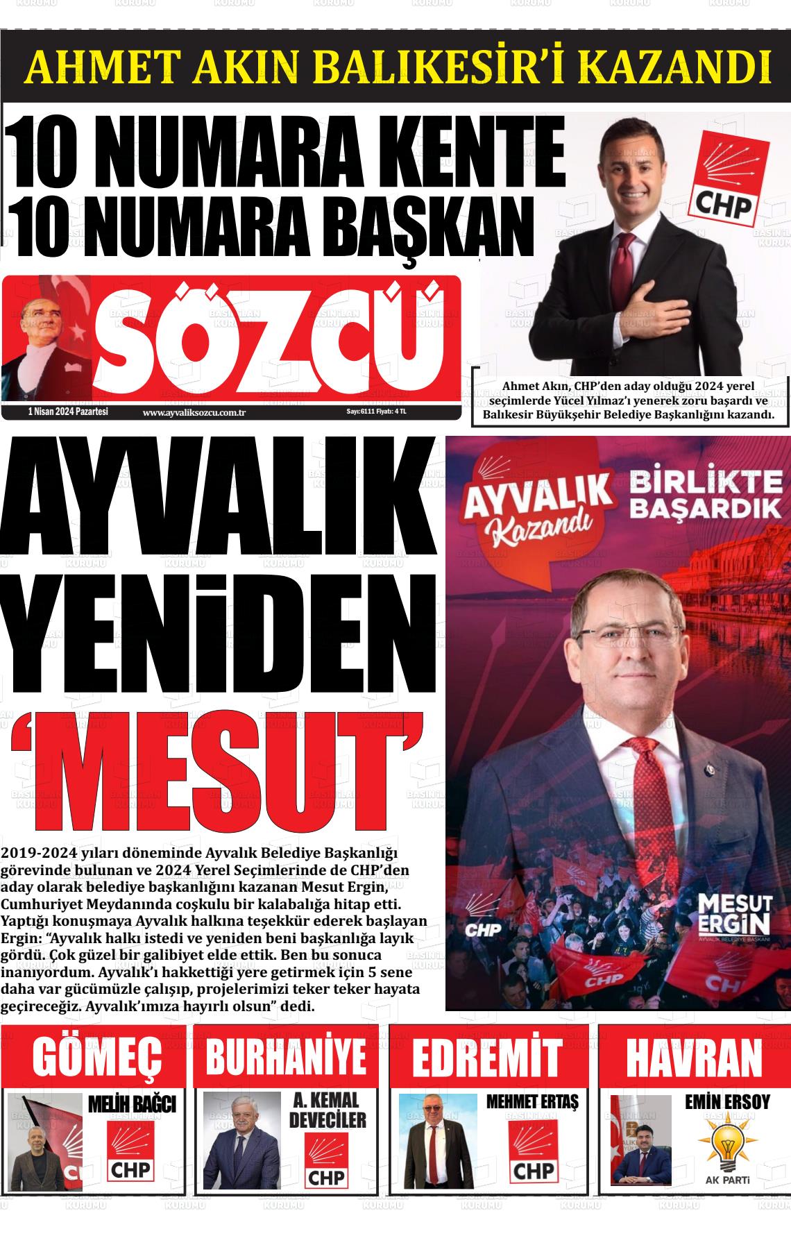 01 Nisan 2024 Ayvalık Sözcü Gazete Manşeti