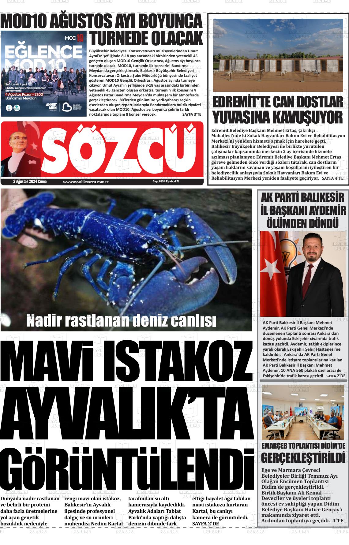 02 Ağustos 2024 Ayvalık Sözcü Gazete Manşeti