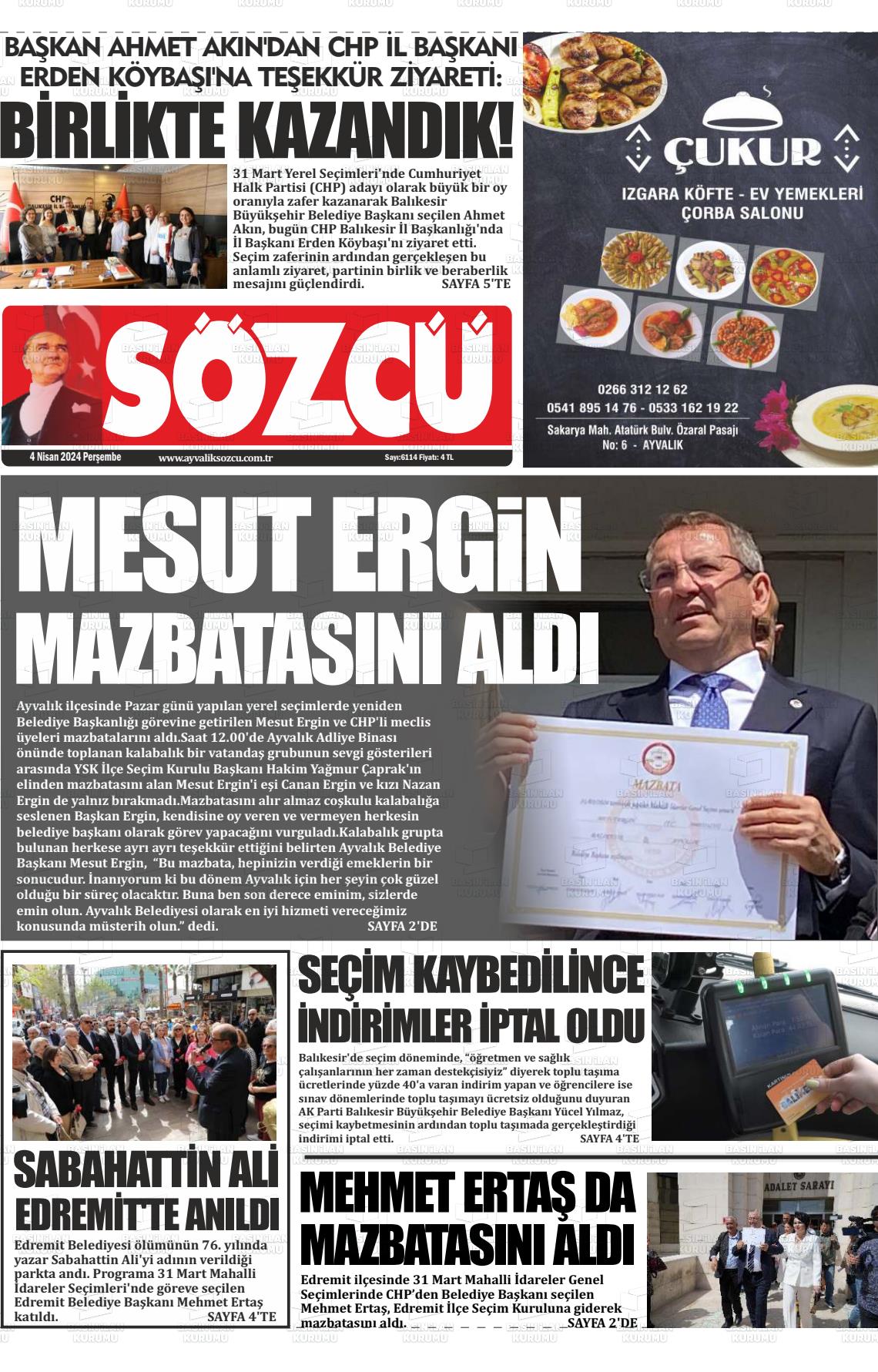 04 Nisan 2024 Ayvalık Sözcü Gazete Manşeti