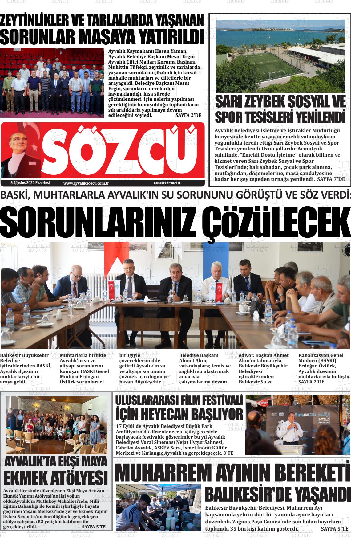 05 Ağustos 2024 Ayvalık Sözcü Gazete Manşeti