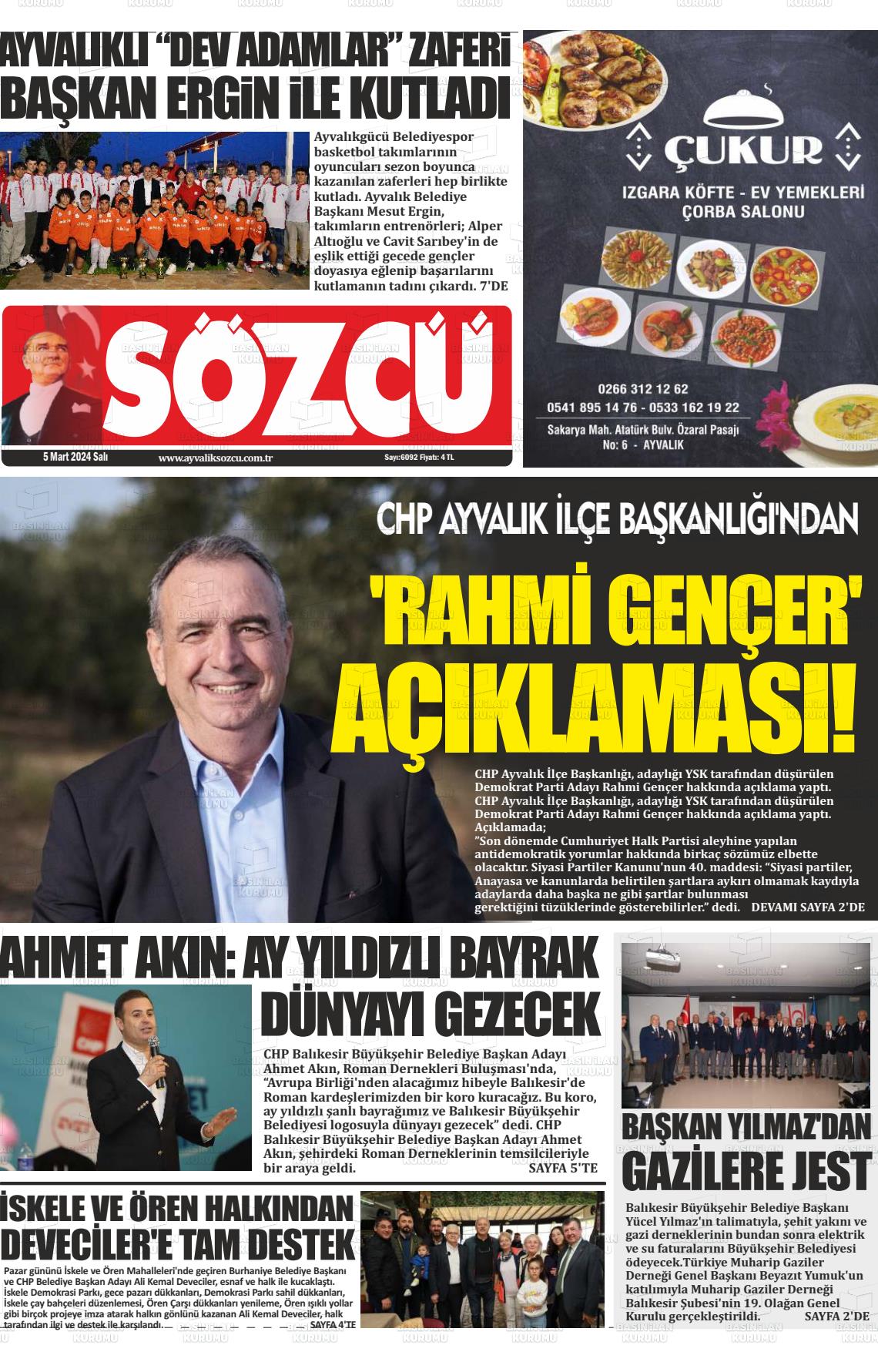 05 Mart 2024 Ayvalık Sözcü Gazete Manşeti