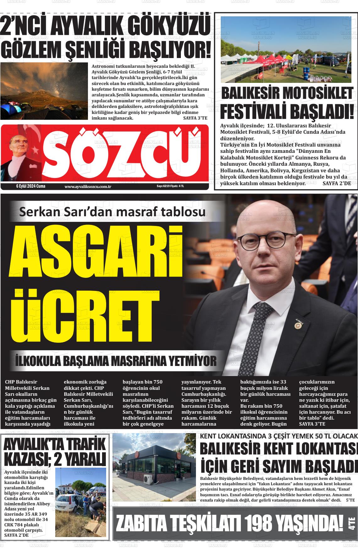 06 Eylül 2024 Ayvalık Sözcü Gazete Manşeti