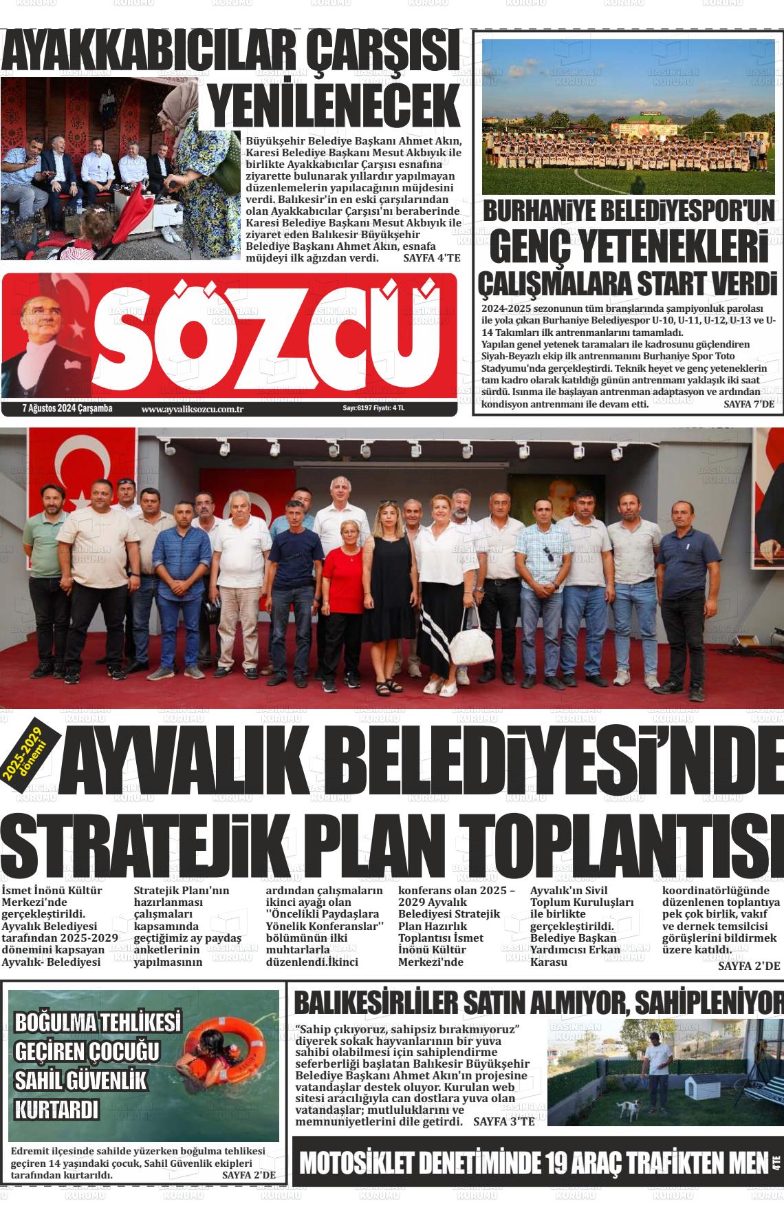 07 Ağustos 2024 Ayvalık Sözcü Gazete Manşeti