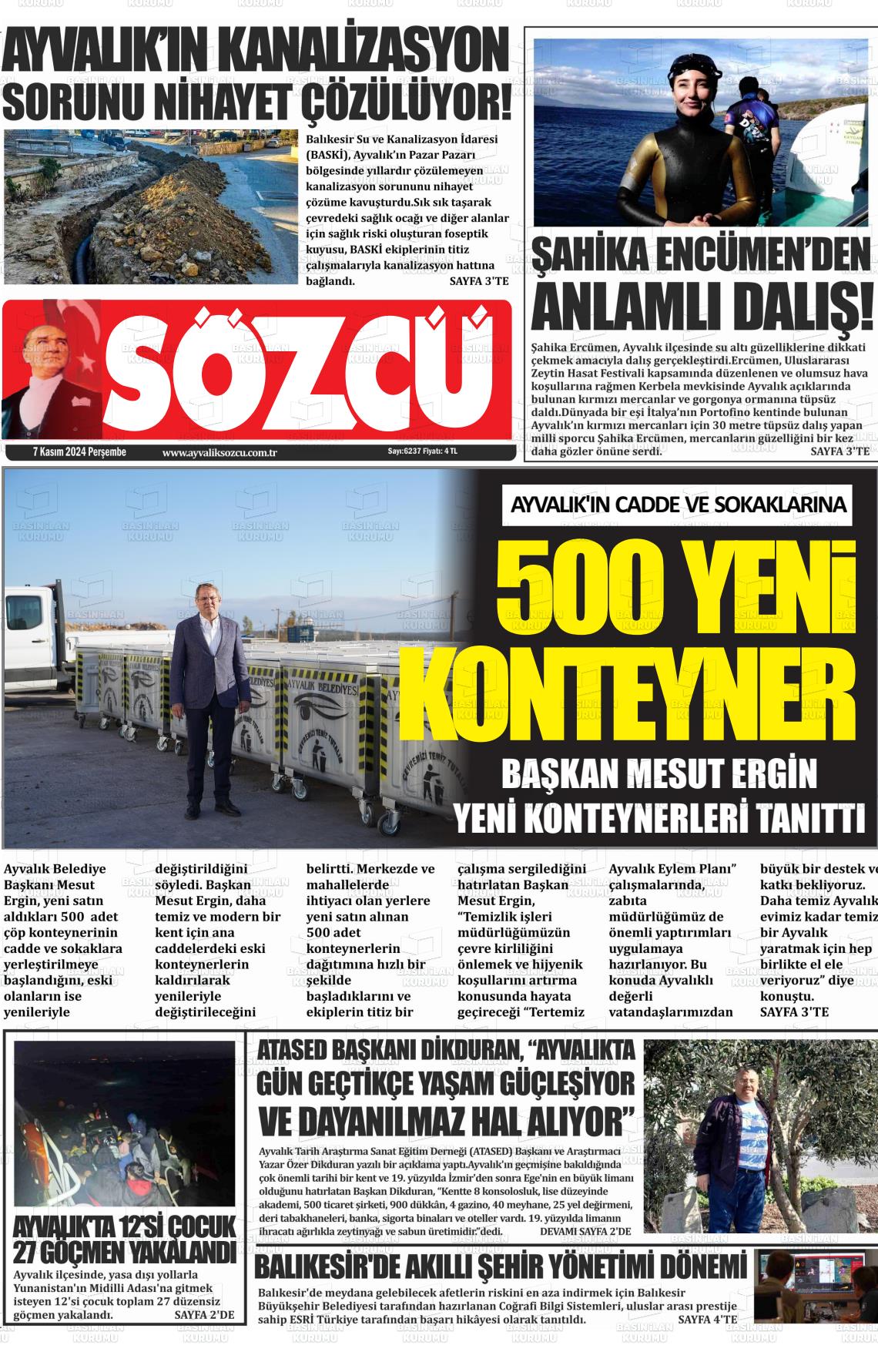 07 Kasım 2024 Ayvalık Sözcü Gazete Manşeti