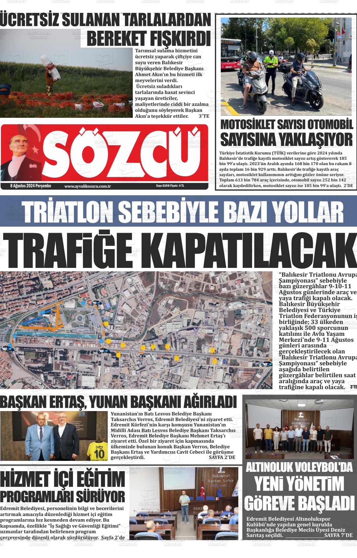 08 Ağustos 2024 Ayvalık Sözcü Gazete Manşeti