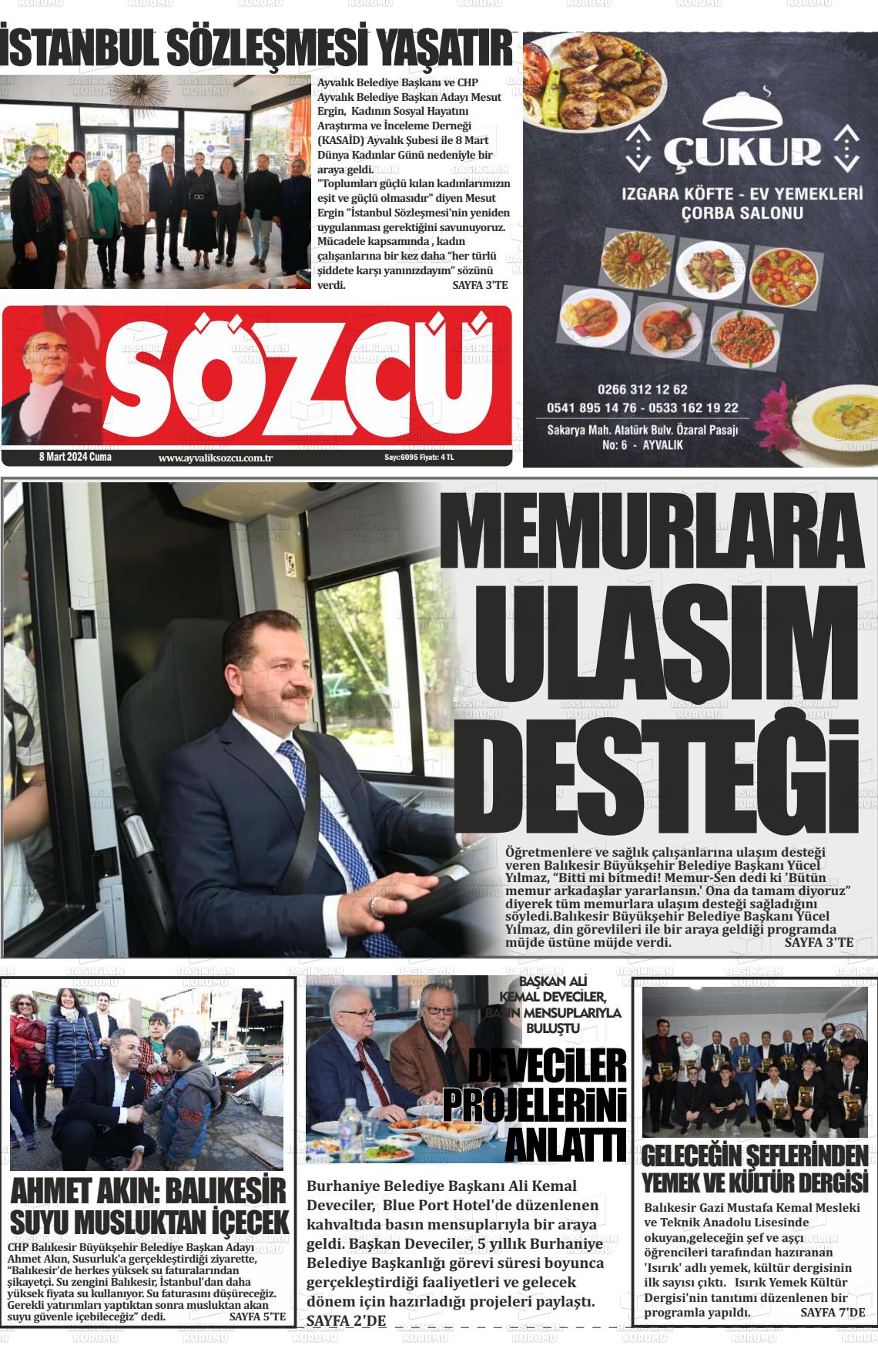 08 Mart 2024 Ayvalık Sözcü Gazete Manşeti