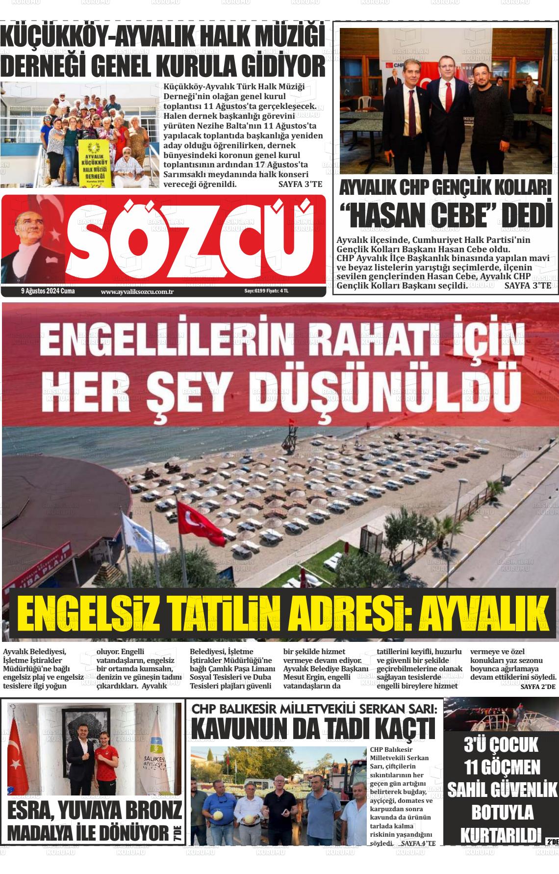 09 Ağustos 2024 Ayvalık Sözcü Gazete Manşeti