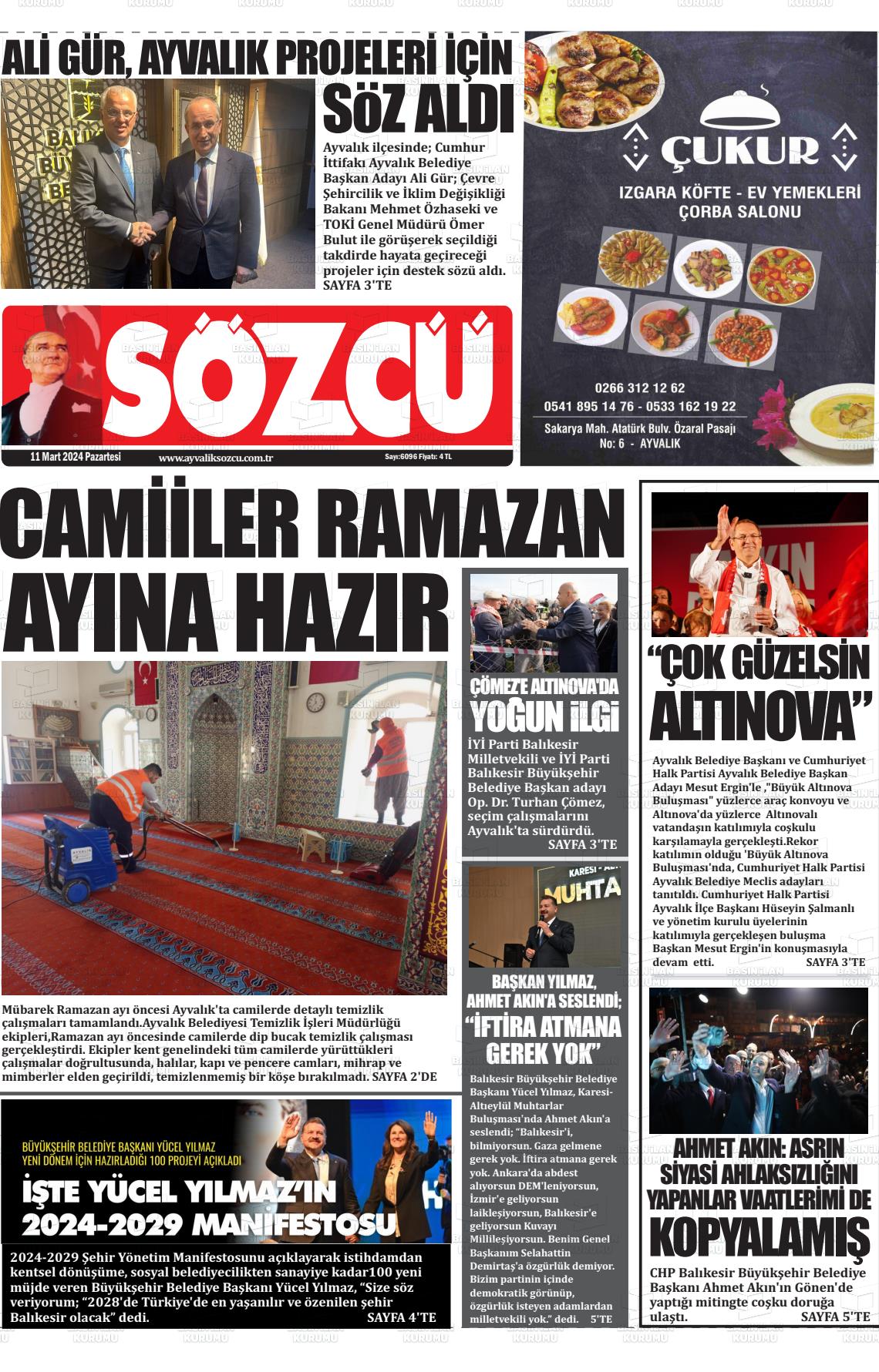 11 Mart 2024 Ayvalık Sözcü Gazete Manşeti