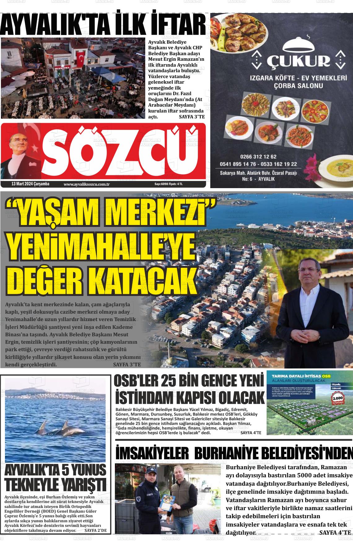 13 Mart 2024 Ayvalık Sözcü Gazete Manşeti