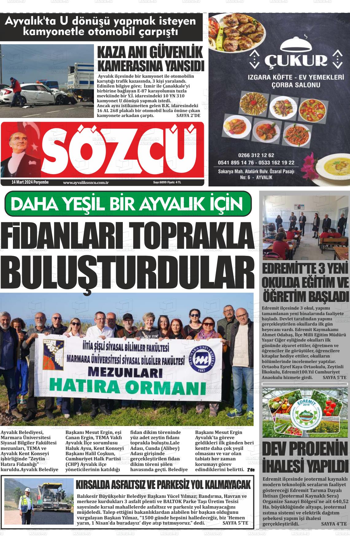 14 Mart 2024 Ayvalık Sözcü Gazete Manşeti