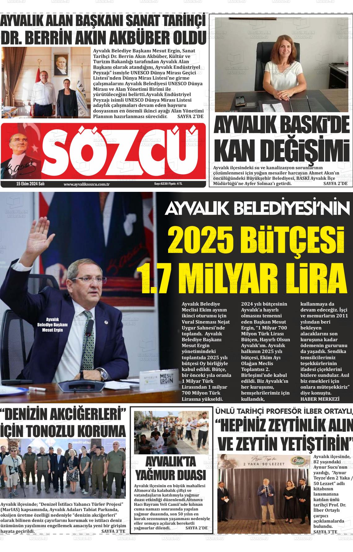 15 Ekim 2024 Ayvalık Sözcü Gazete Manşeti