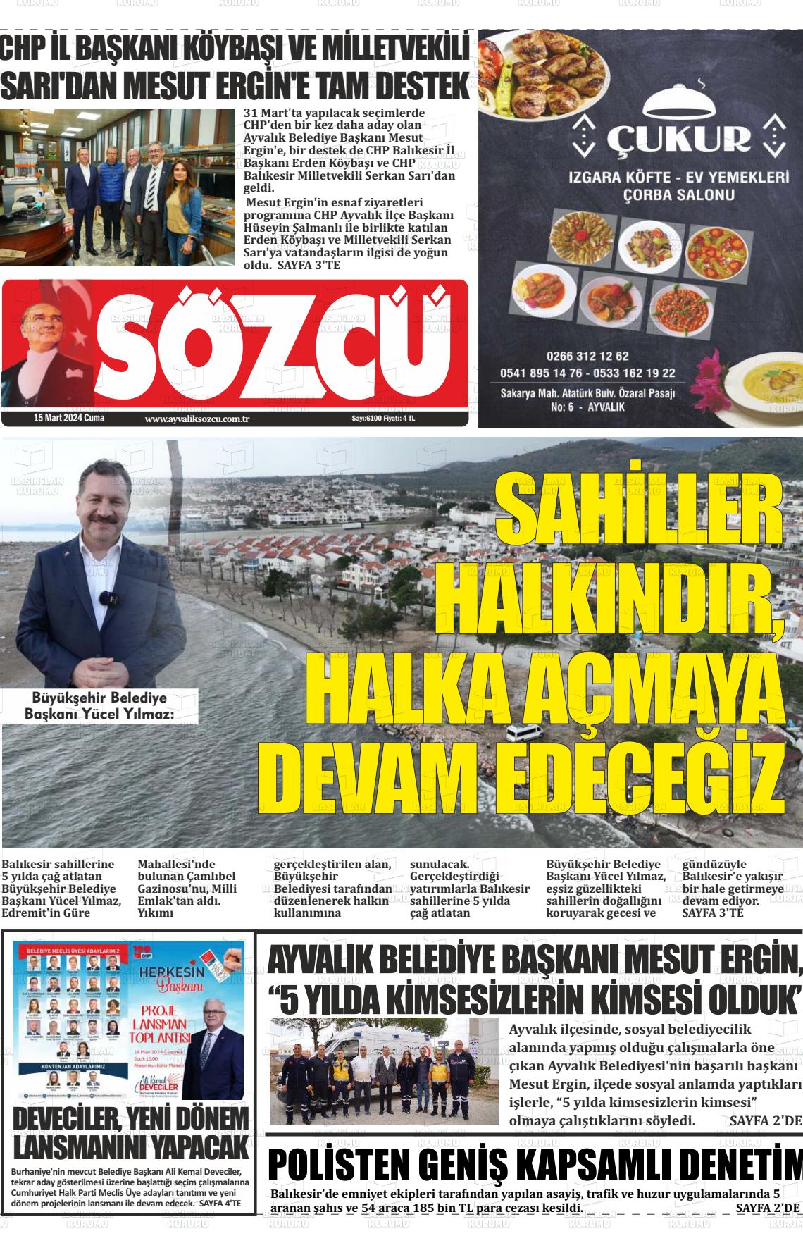 15 Mart 2024 Ayvalık Sözcü Gazete Manşeti