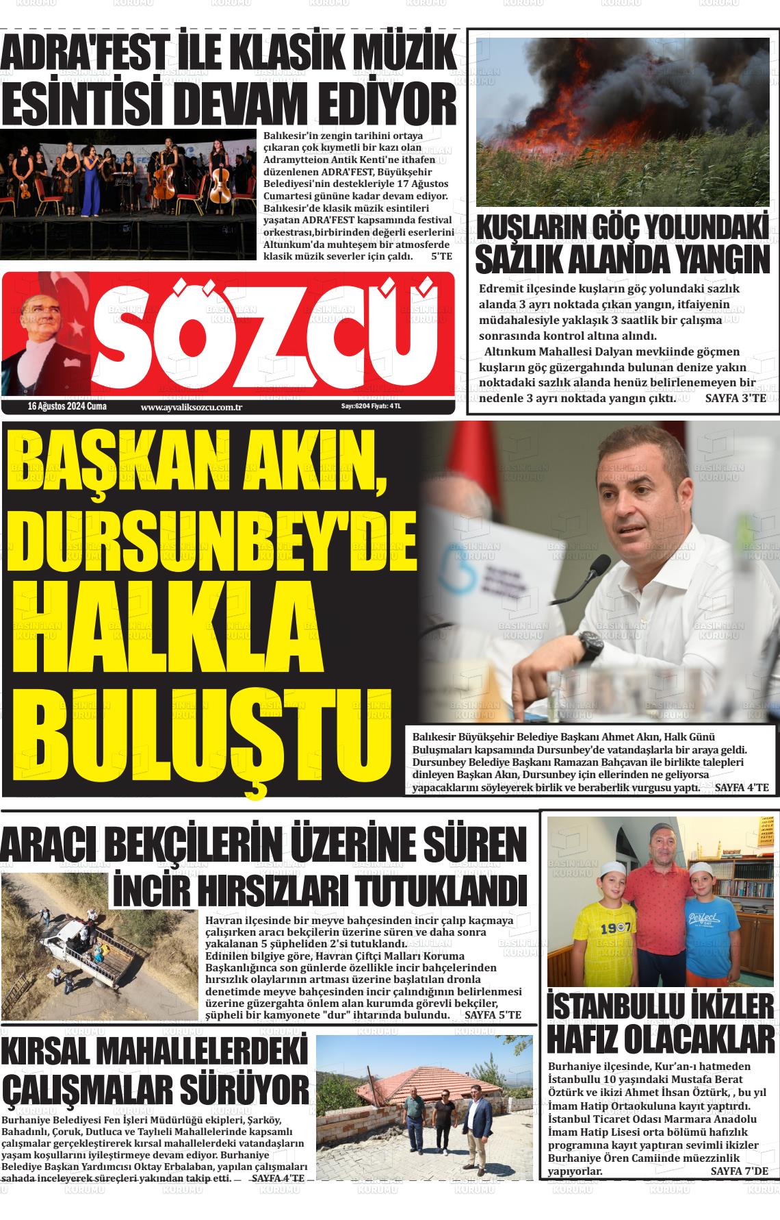 16 Ağustos 2024 Ayvalık Sözcü Gazete Manşeti