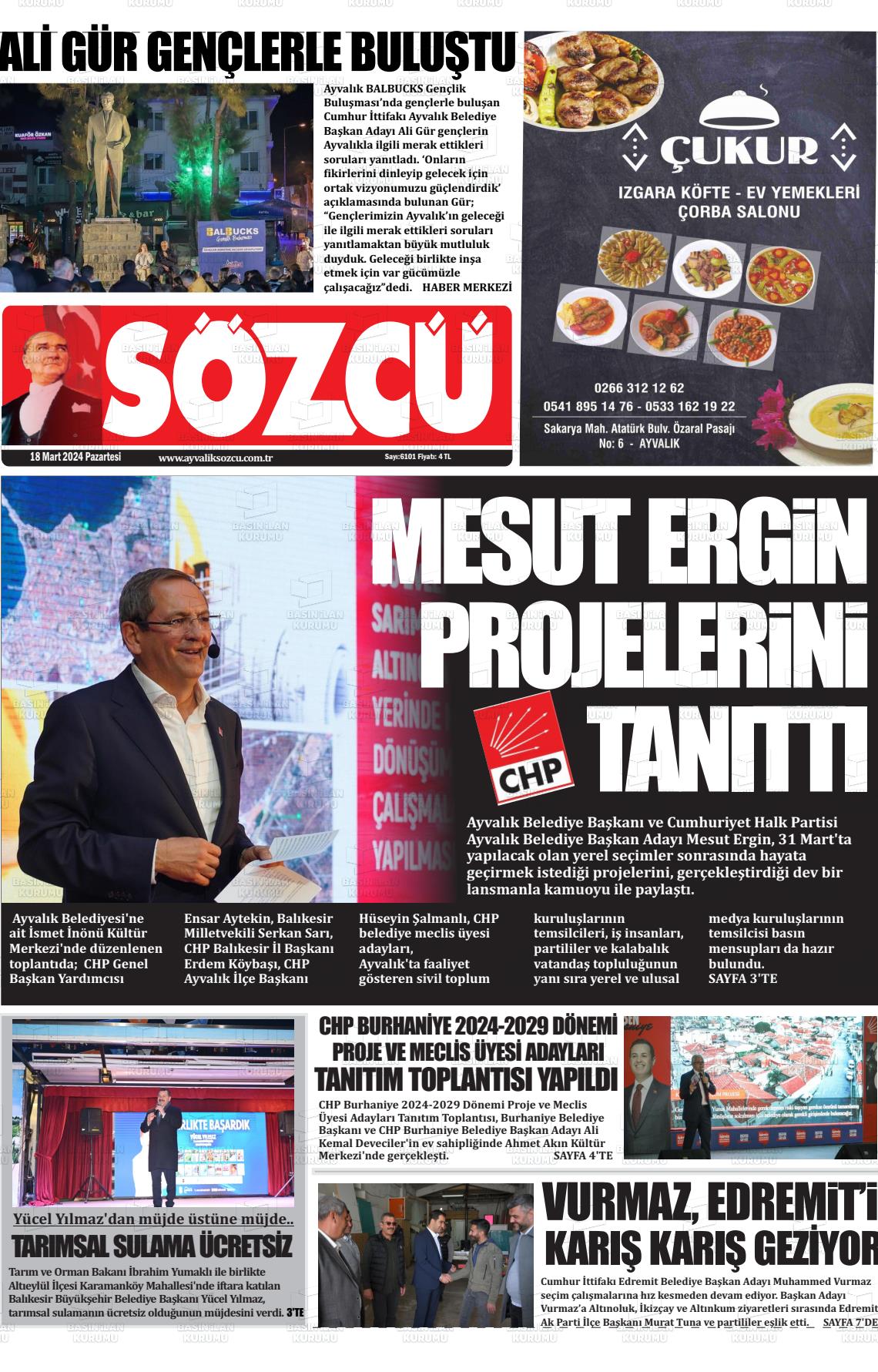 18 Mart 2024 Ayvalık Sözcü Gazete Manşeti