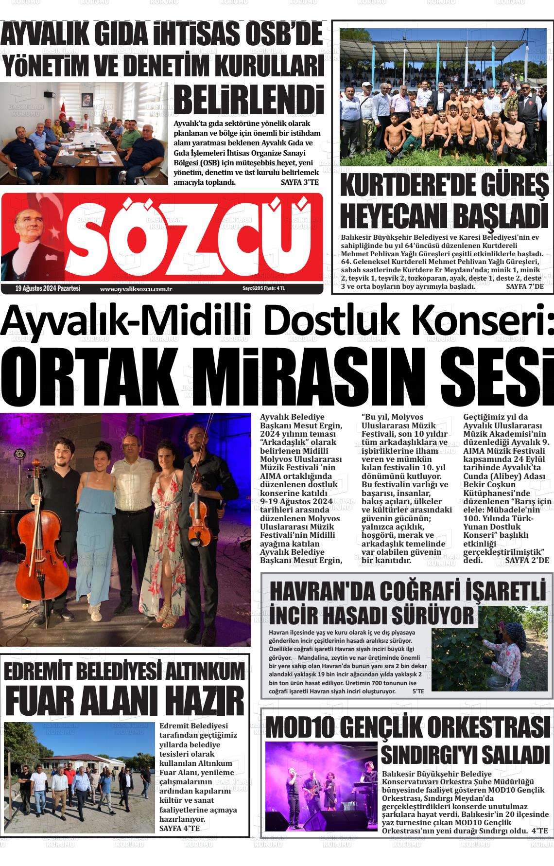 19 Ağustos 2024 Ayvalık Sözcü Gazete Manşeti