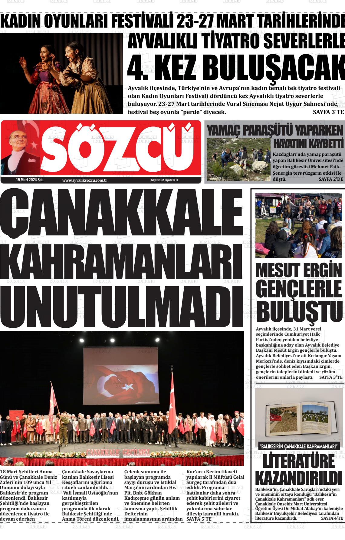 19 Mart 2024 Ayvalık Sözcü Gazete Manşeti