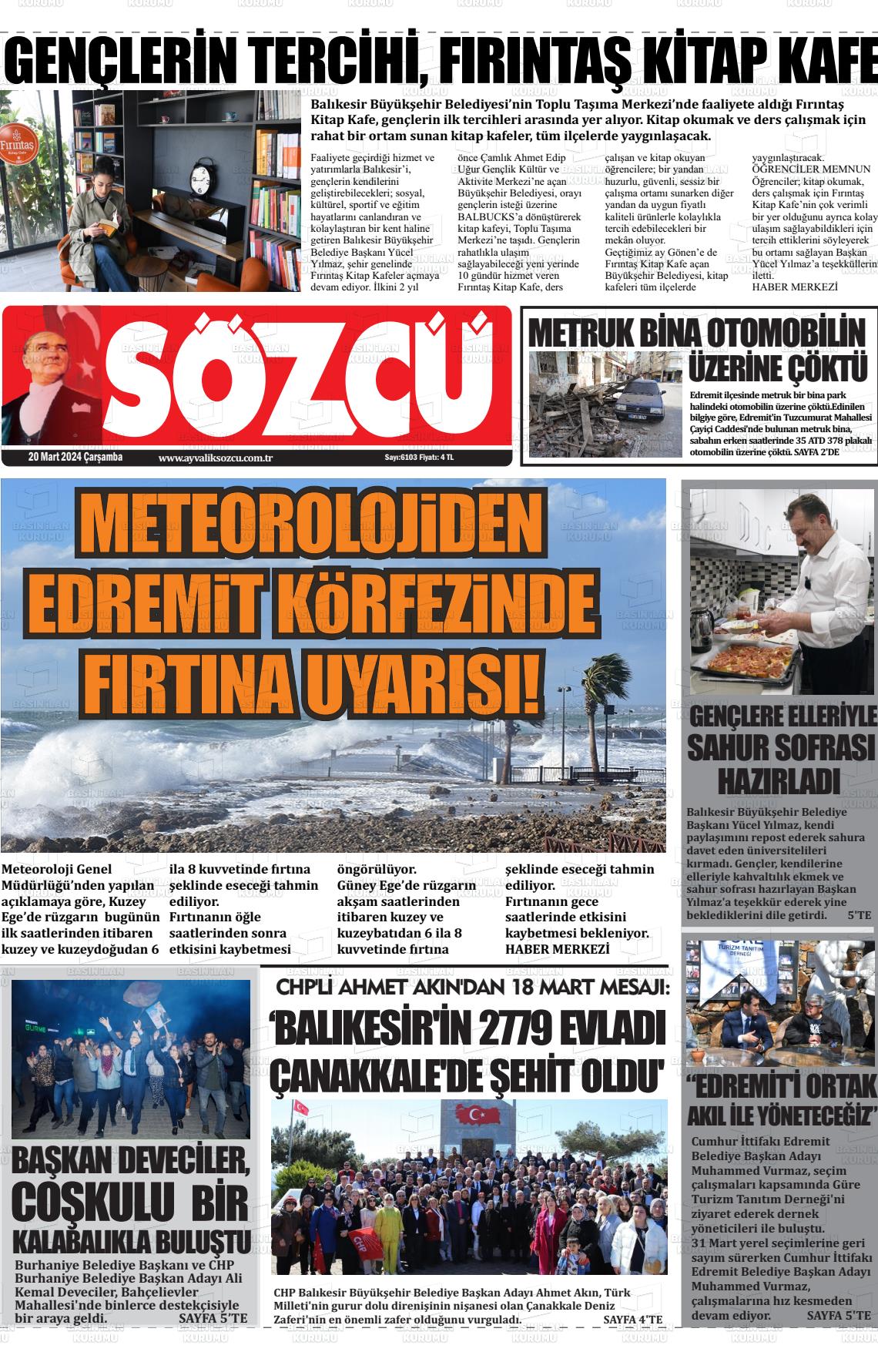 20 Mart 2024 Ayvalık Sözcü Gazete Manşeti