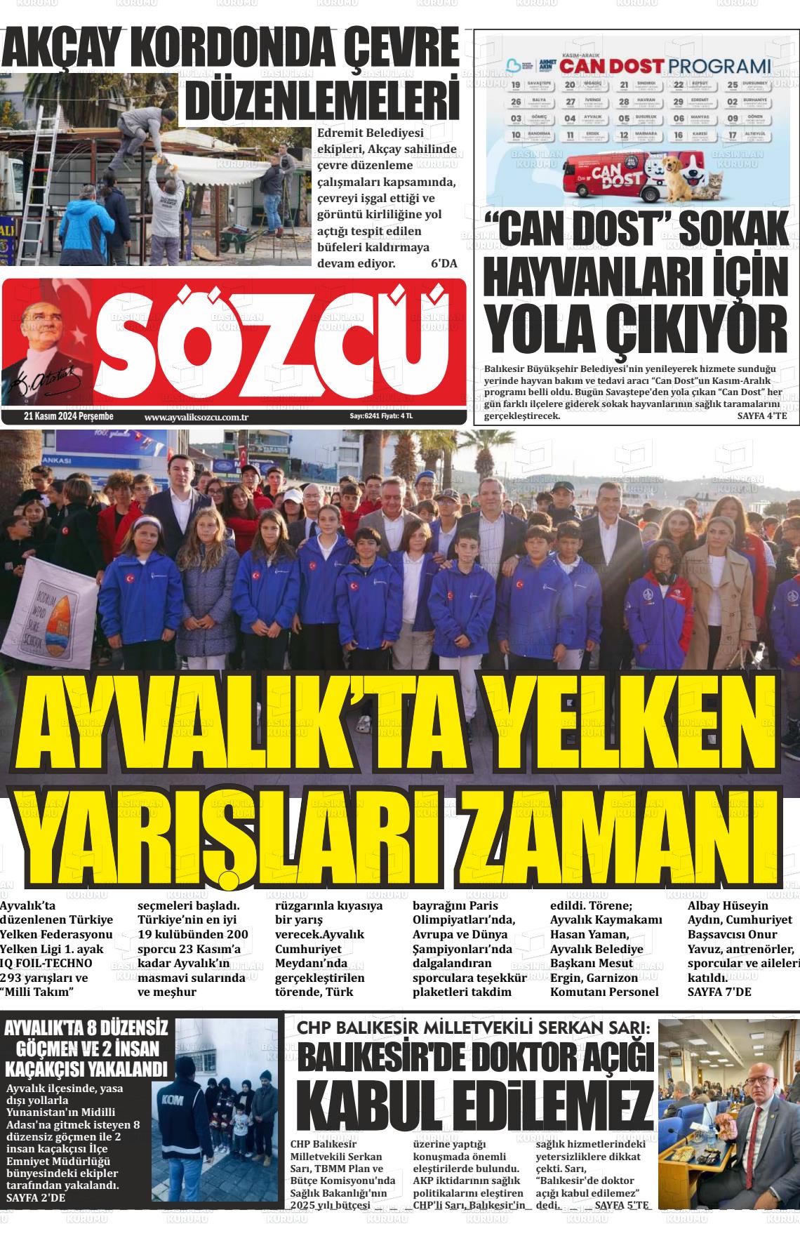 21 Kasım 2024 Ayvalık Sözcü Gazete Manşeti