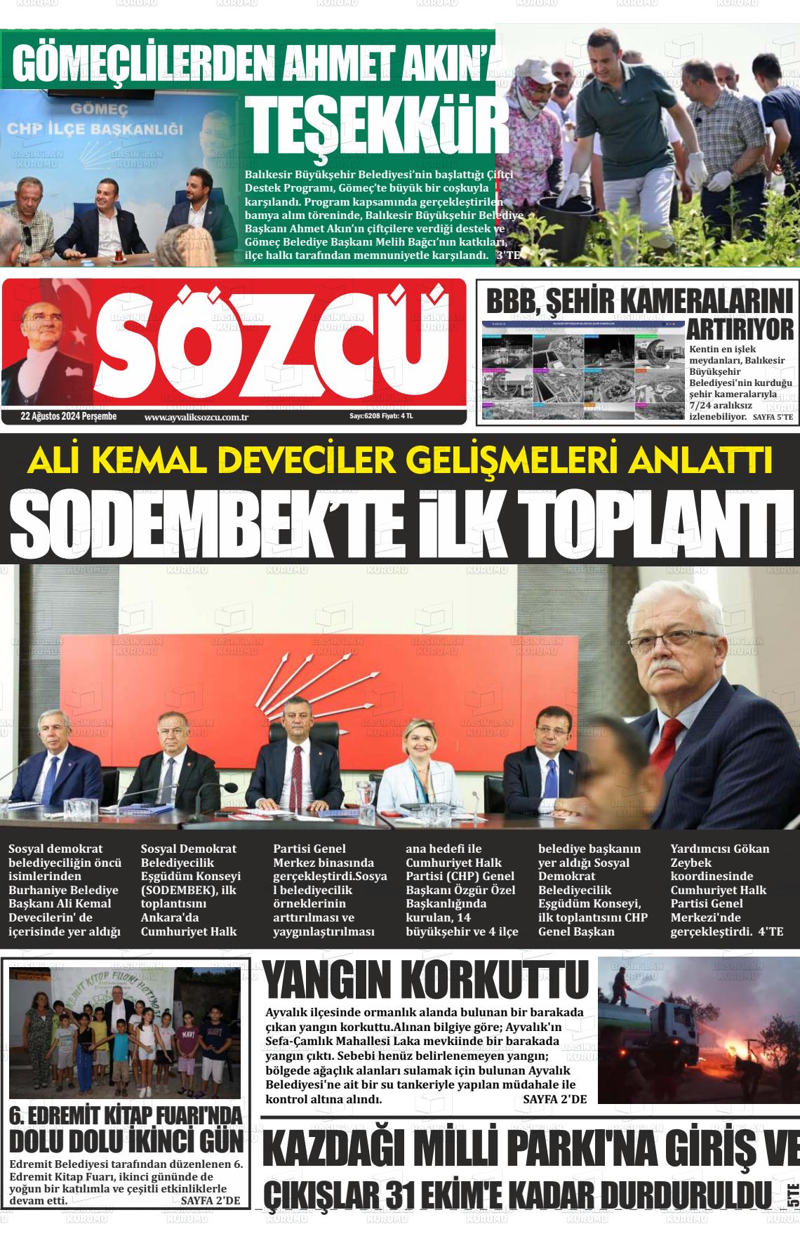 22 Ağustos 2024 Ayvalık Sözcü Gazete Manşeti