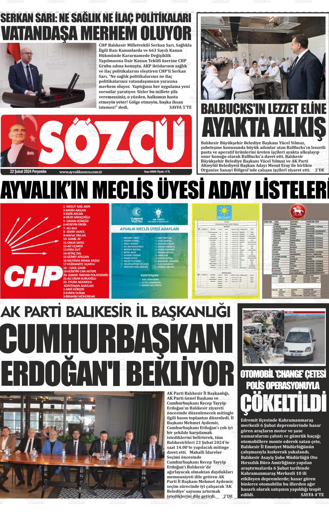 22 Şubat 2024 Ayvalık Sözcü Gazete Manşeti