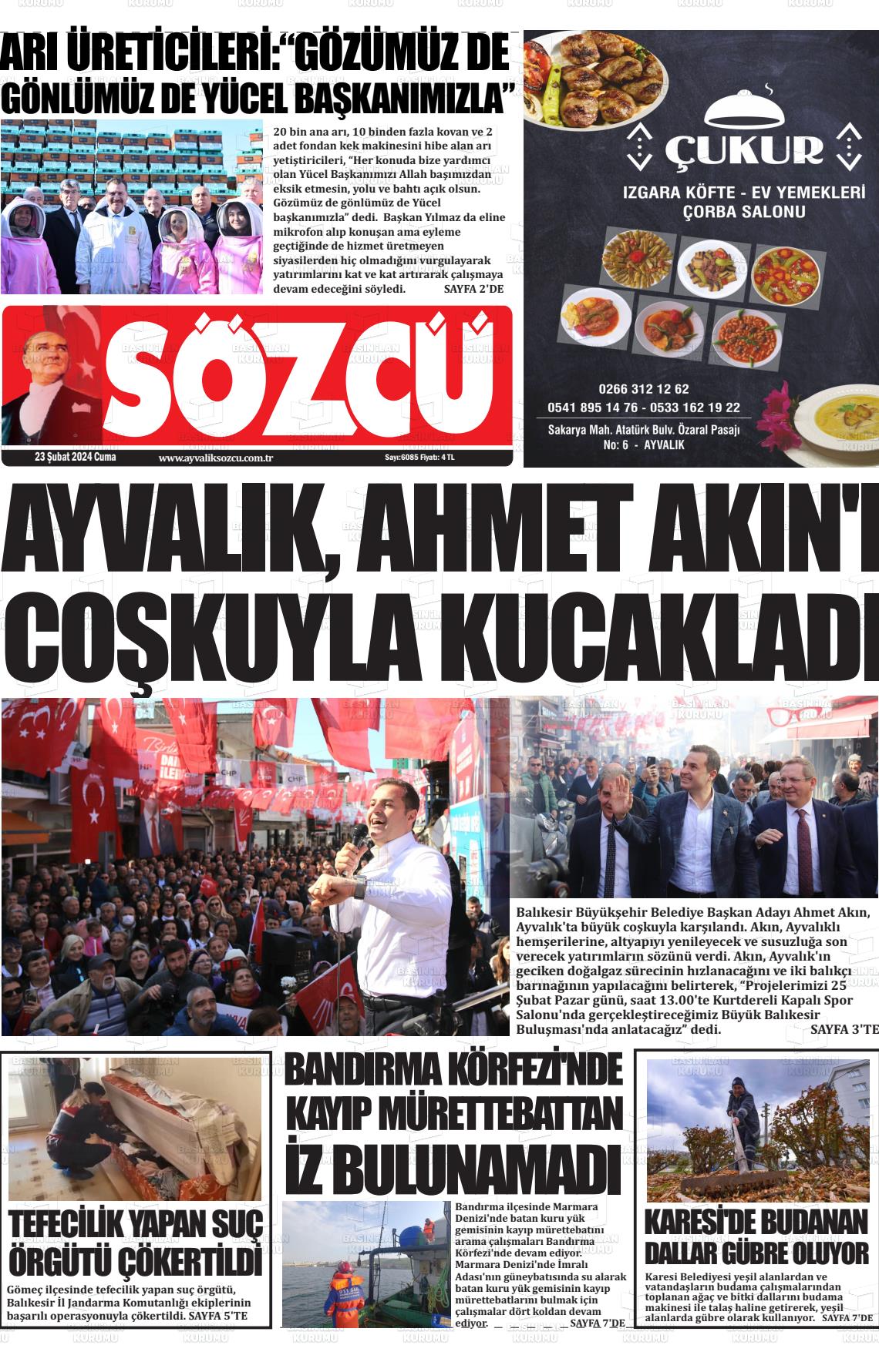 23 Şubat 2024 Ayvalık Sözcü Gazete Manşeti