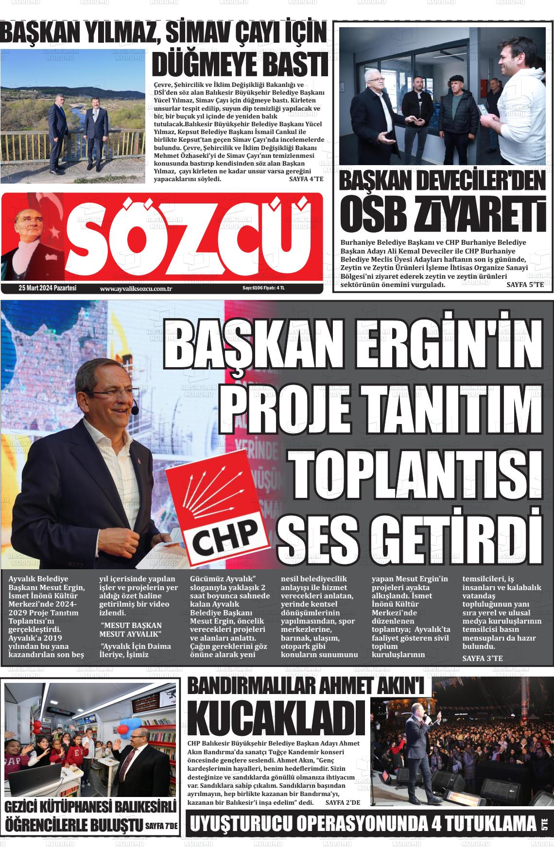 25 Mart 2024 Ayvalık Sözcü Gazete Manşeti