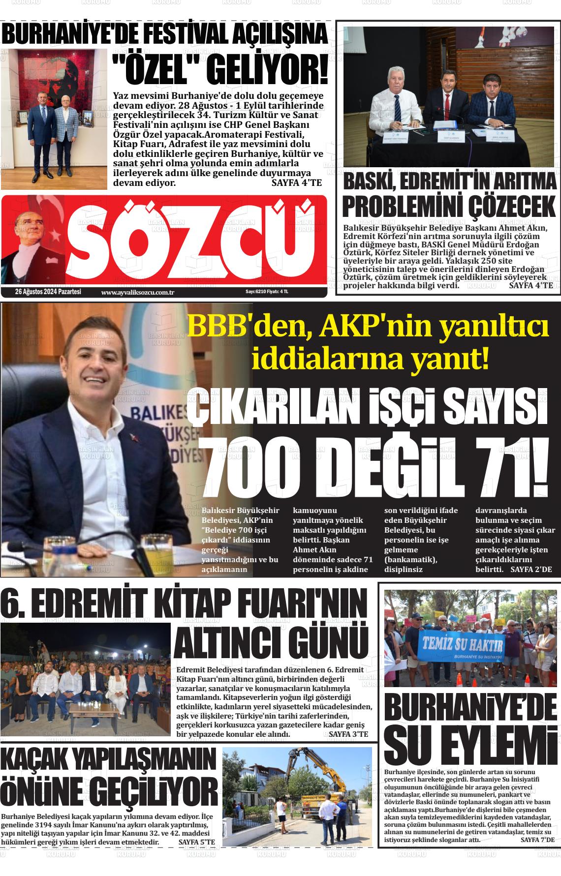 26 Ağustos 2024 Ayvalık Sözcü Gazete Manşeti