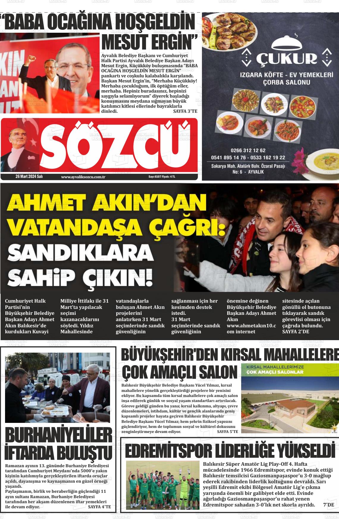 26 Mart 2024 Ayvalık Sözcü Gazete Manşeti