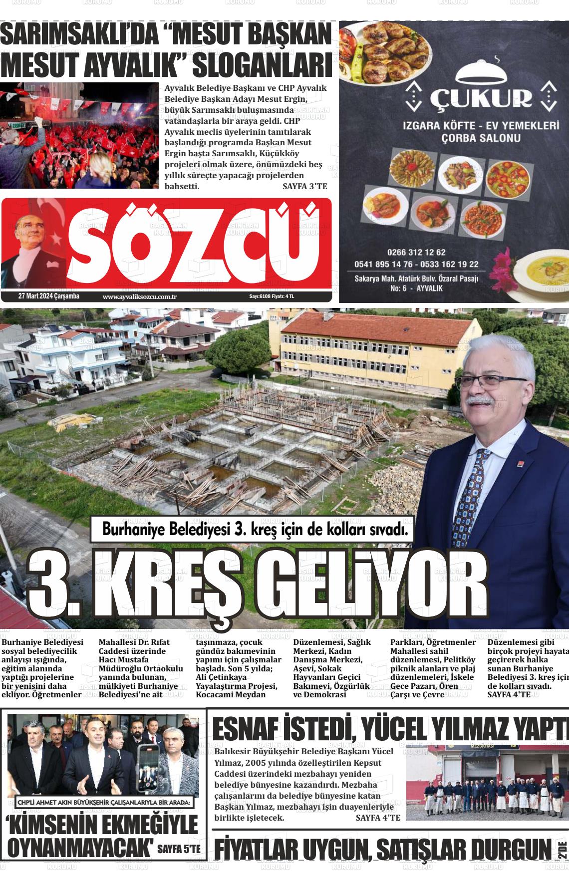 27 Mart 2024 Ayvalık Sözcü Gazete Manşeti