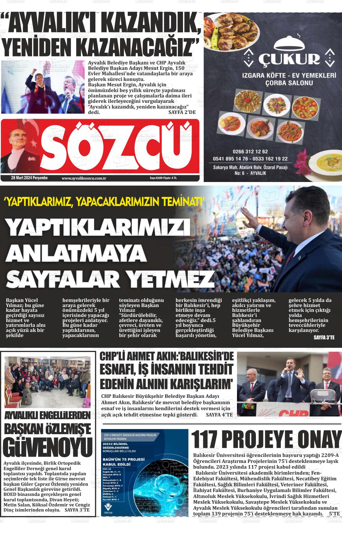 28 Mart 2024 Ayvalık Sözcü Gazete Manşeti