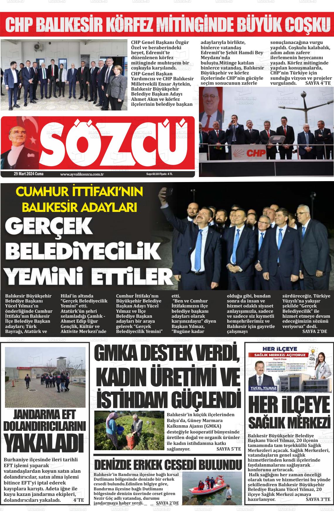 29 Mart 2024 Ayvalık Sözcü Gazete Manşeti