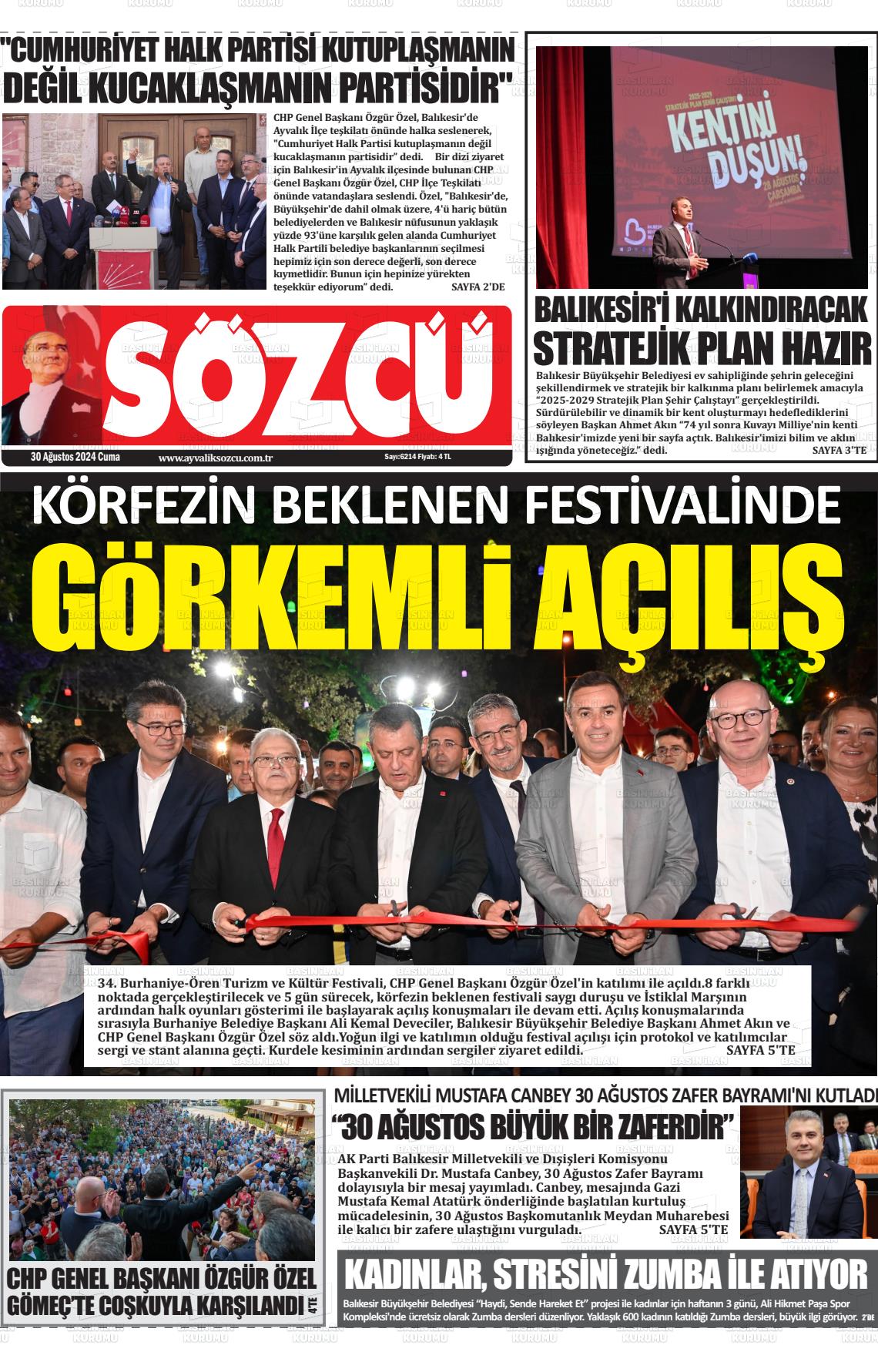 30 Ağustos 2024 Ayvalık Sözcü Gazete Manşeti