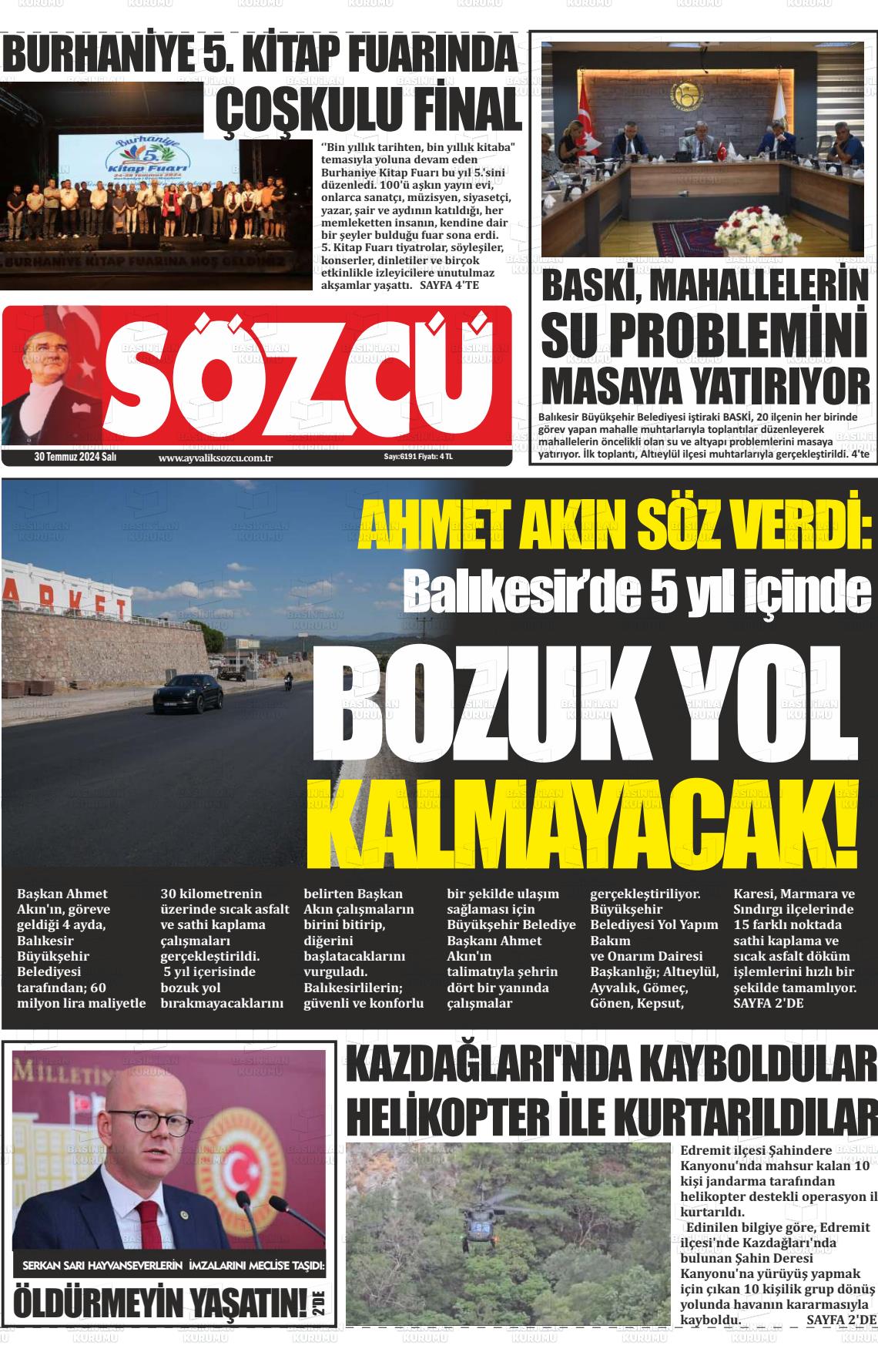 30 Temmuz 2024 Ayvalık Sözcü Gazete Manşeti