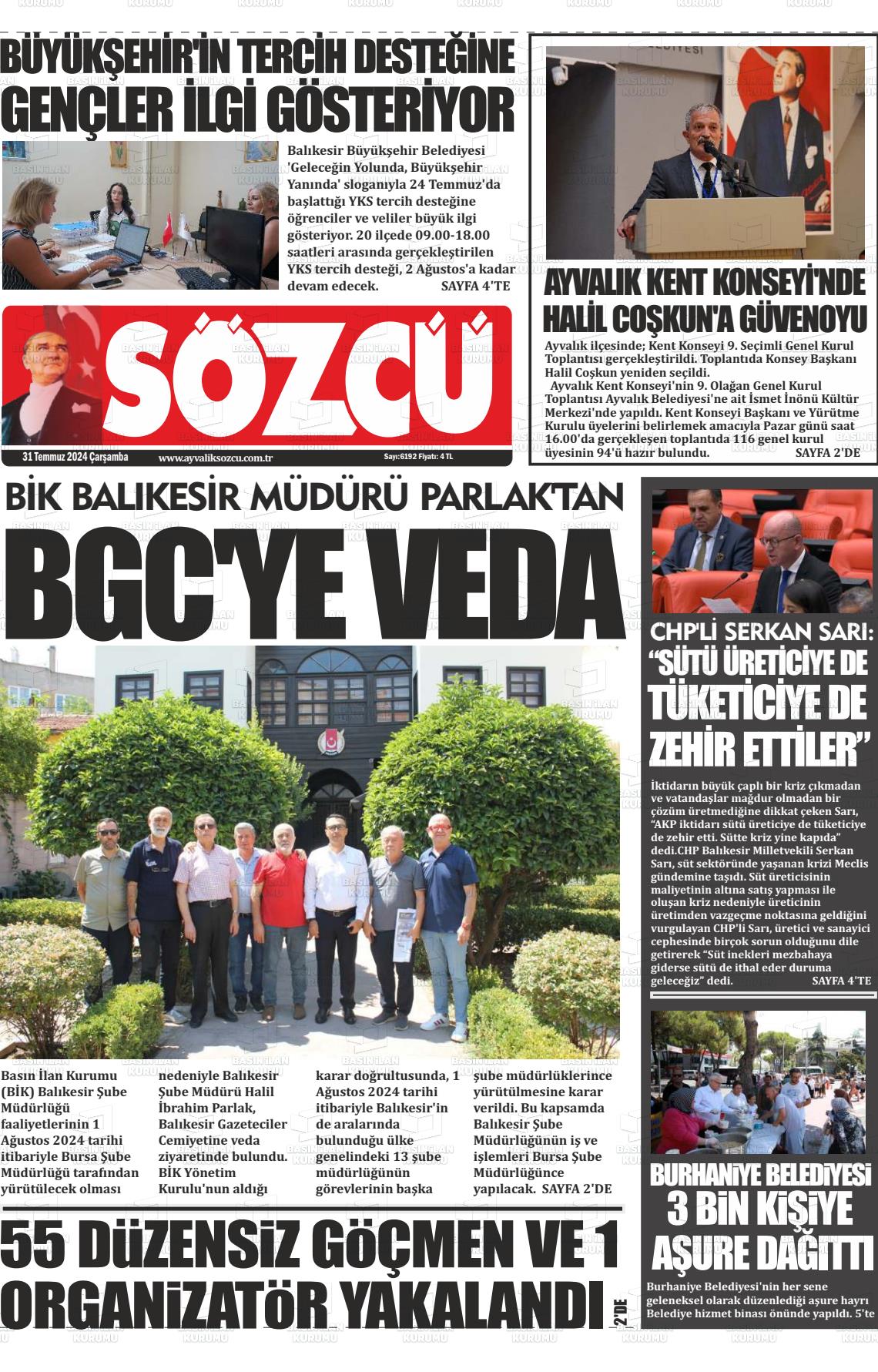 31 Temmuz 2024 Ayvalık Sözcü Gazete Manşeti