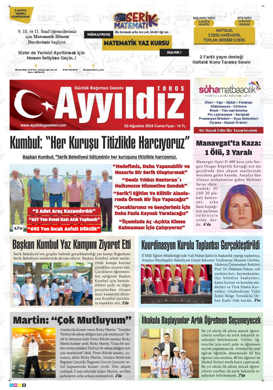 02 Ağustos 2024 Ayyıldız Toros Gazete Manşeti