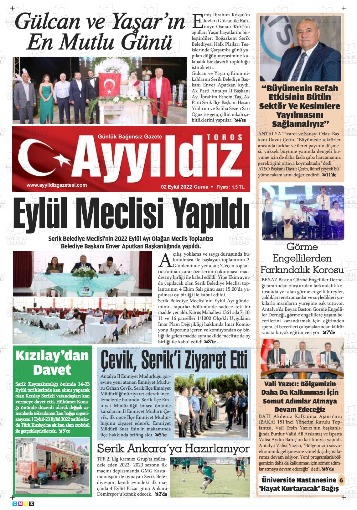 02 Eylül 2022 Ayyıldız Toros Gazete Manşeti