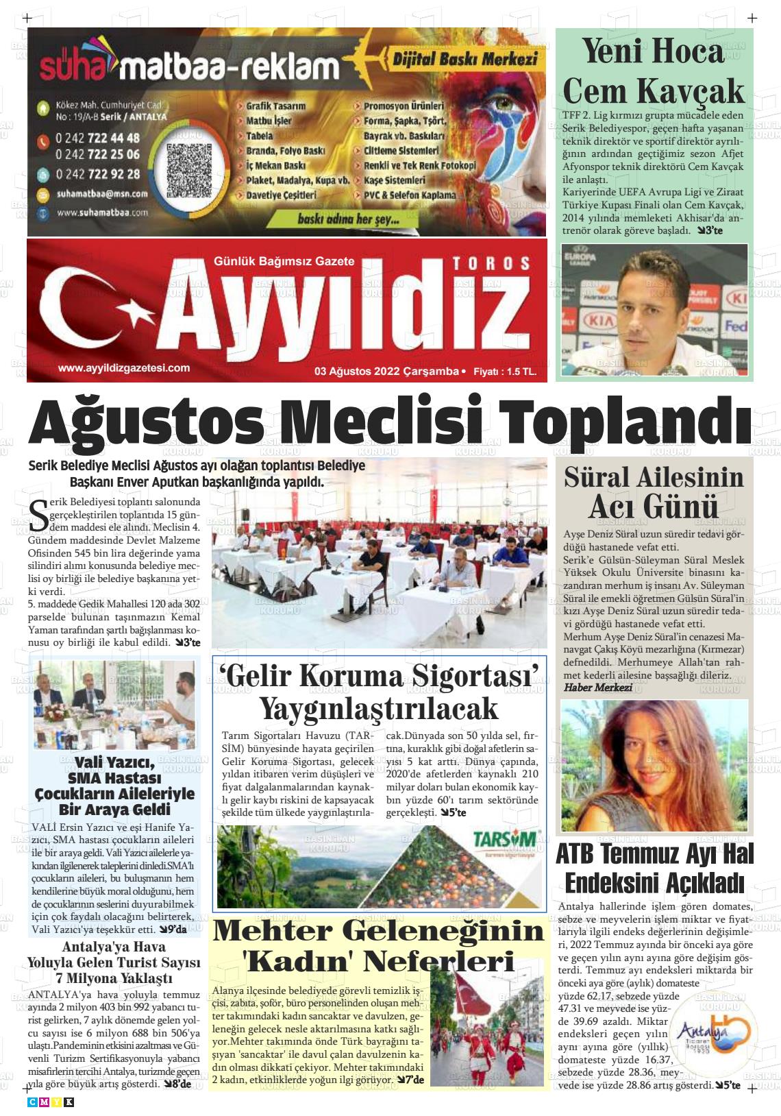 03 Ağustos 2022 Ayyıldız Toros Gazete Manşeti