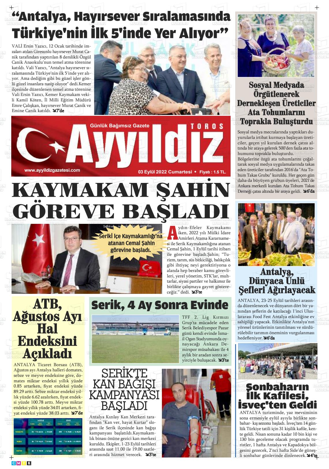 03 Eylül 2022 Ayyıldız Toros Gazete Manşeti