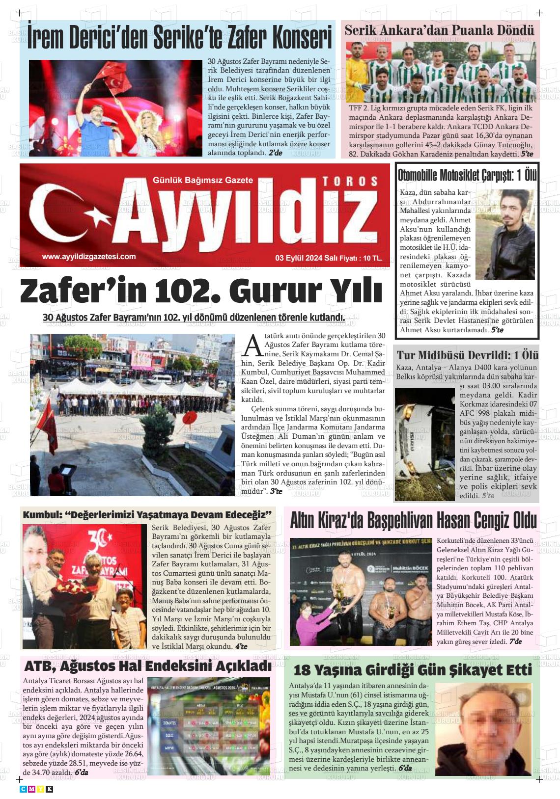 03 Eylül 2024 Ayyıldız Toros Gazete Manşeti